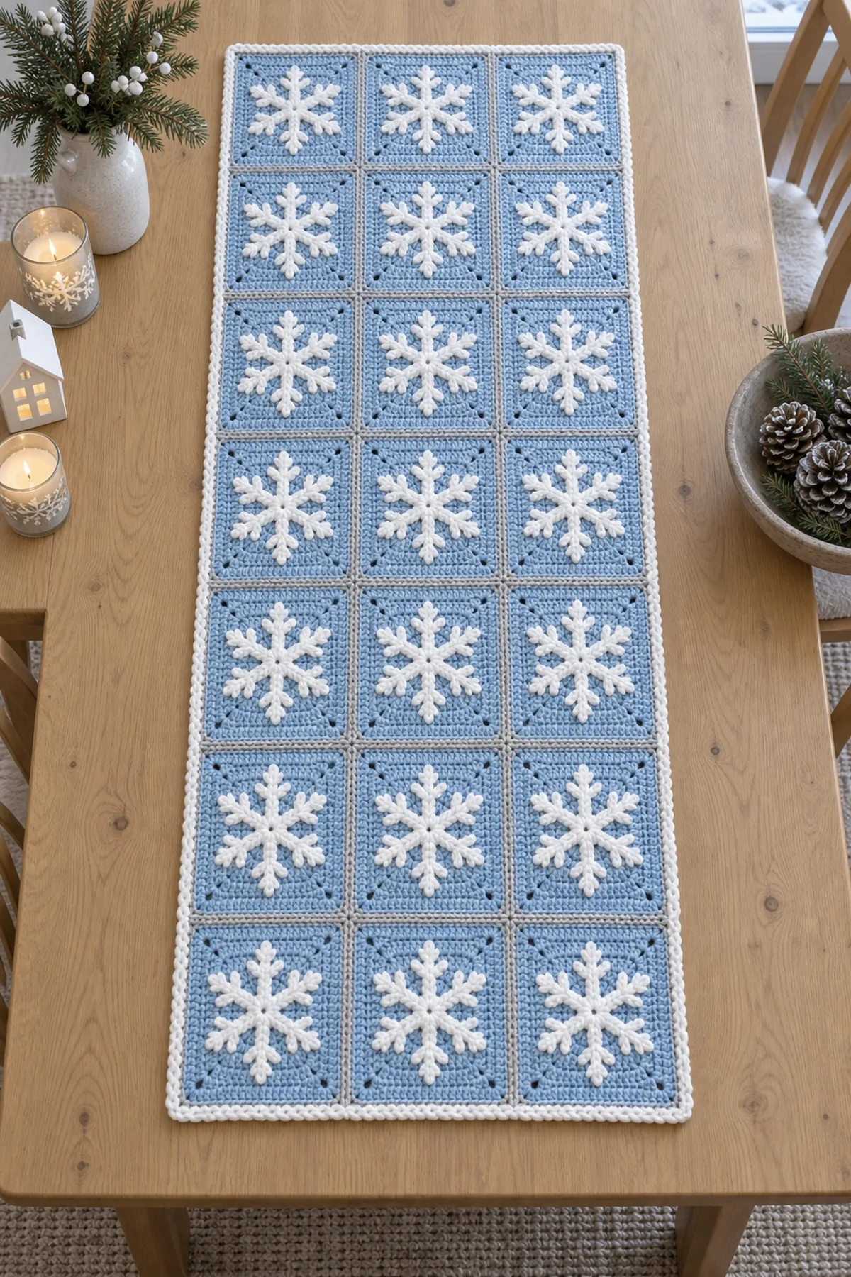 Finished blue and white Scandinavian crochet table runner made from twenty-one snowflake squares