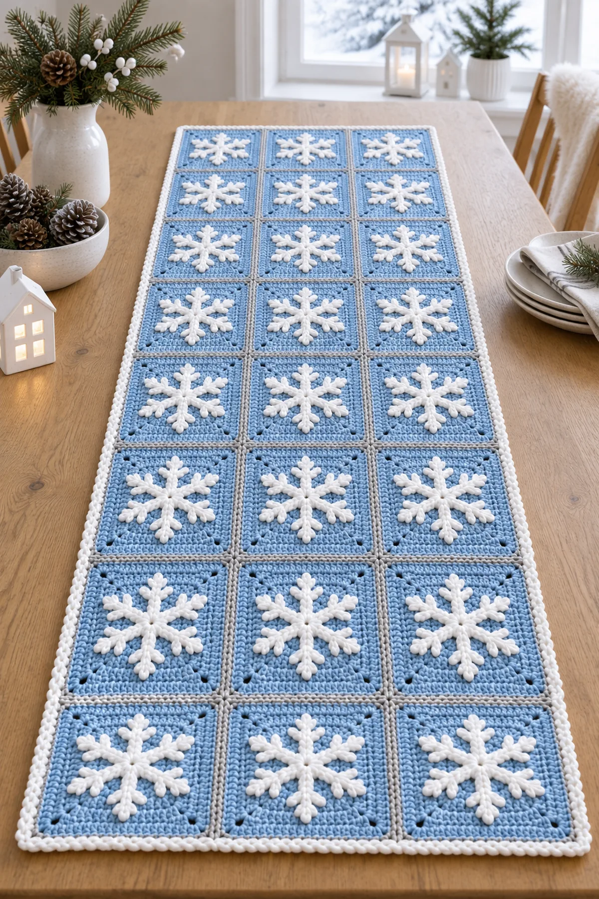 Scandinavian snowflake crochet table runner styled on a bright winter dining table