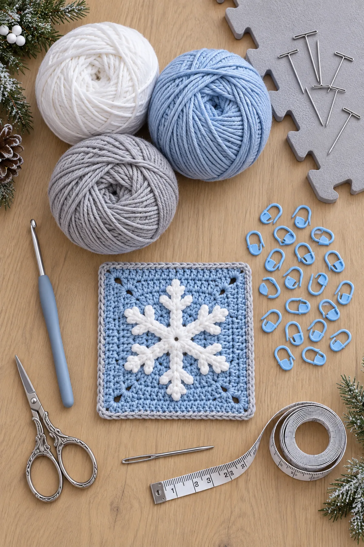 White icy blue and silver cotton yarn with hook markers blocking pins needle scissors and tape