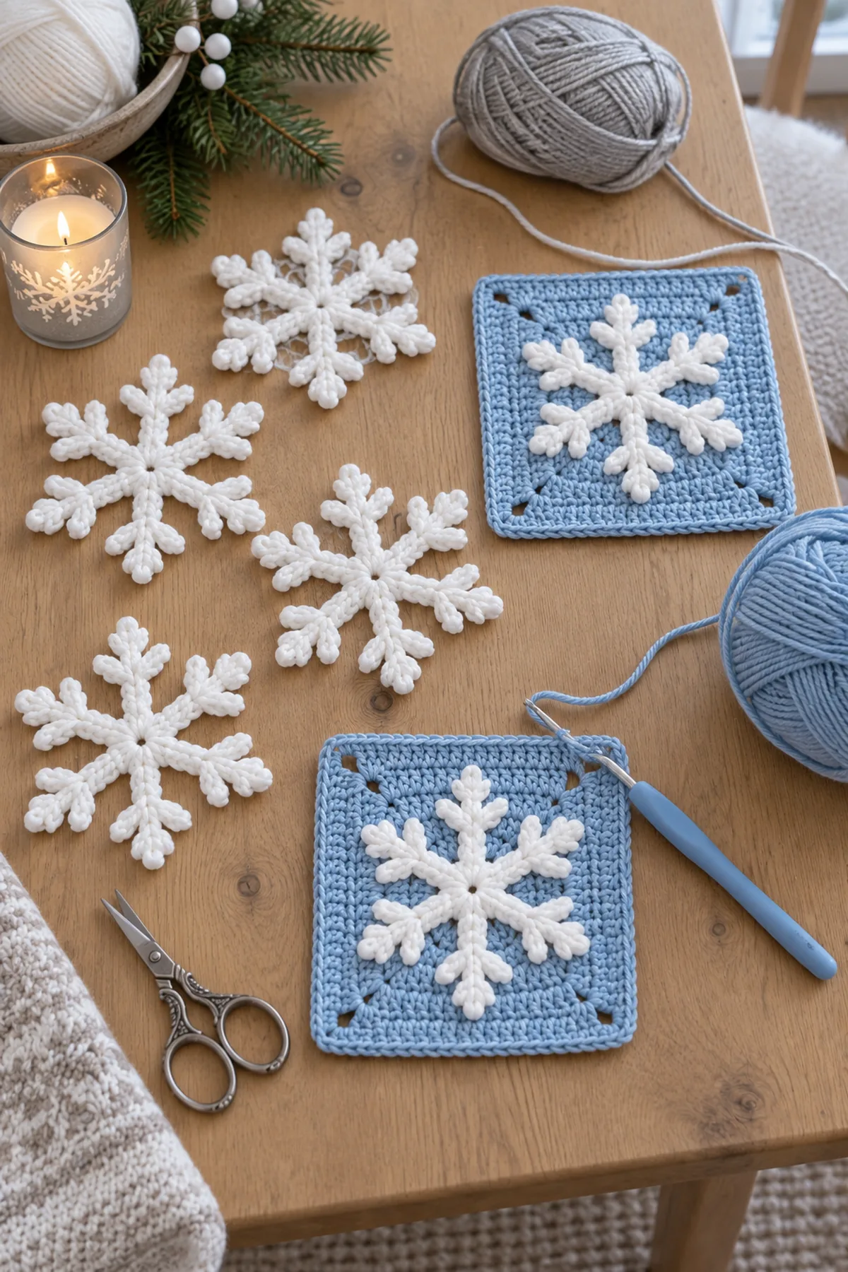 White six spoke crochet snowflake centers and an icy blue square motif in progress