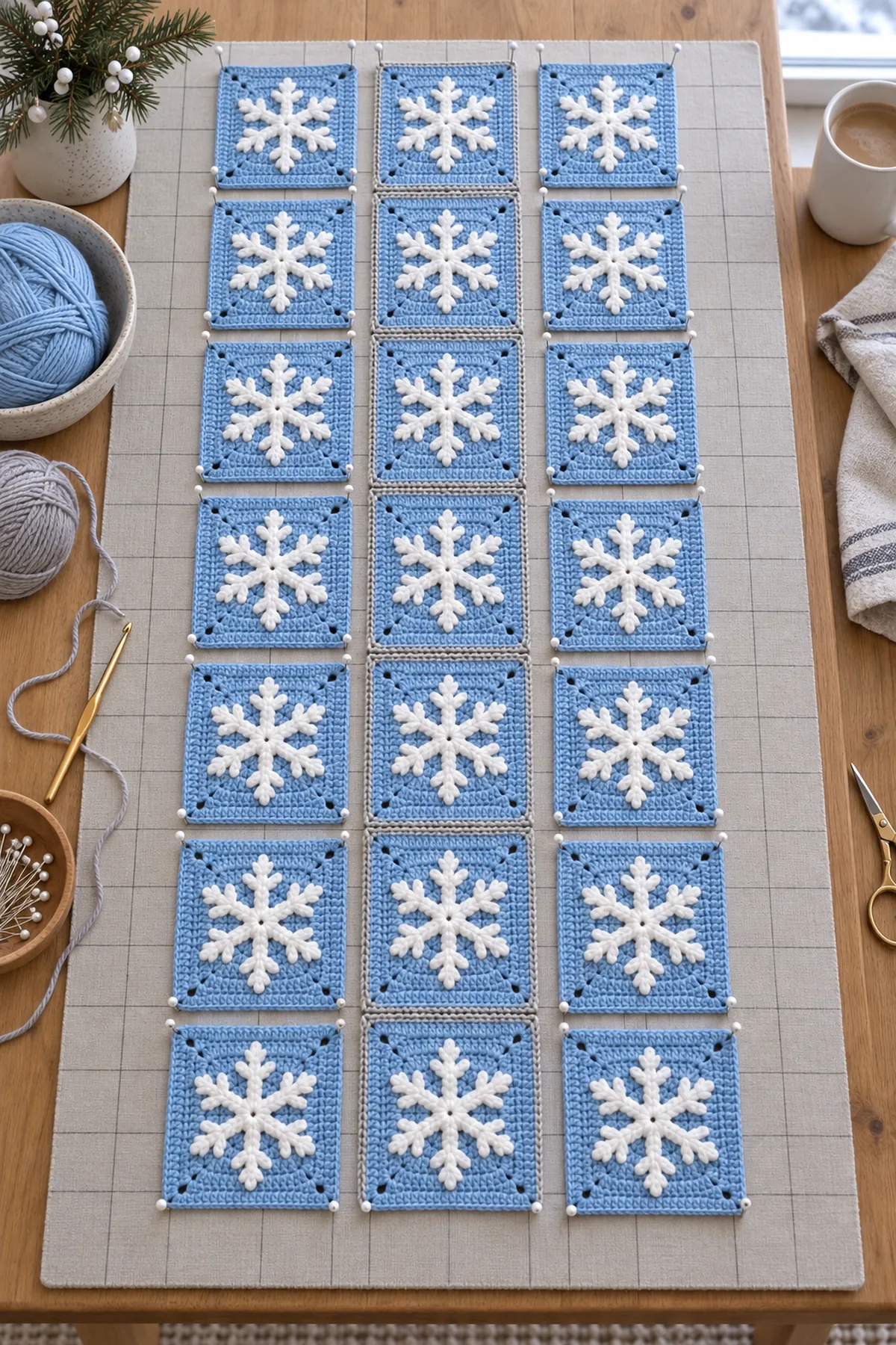 Twenty-one blocked snowflake squares arranged in a three by seven grid for joining