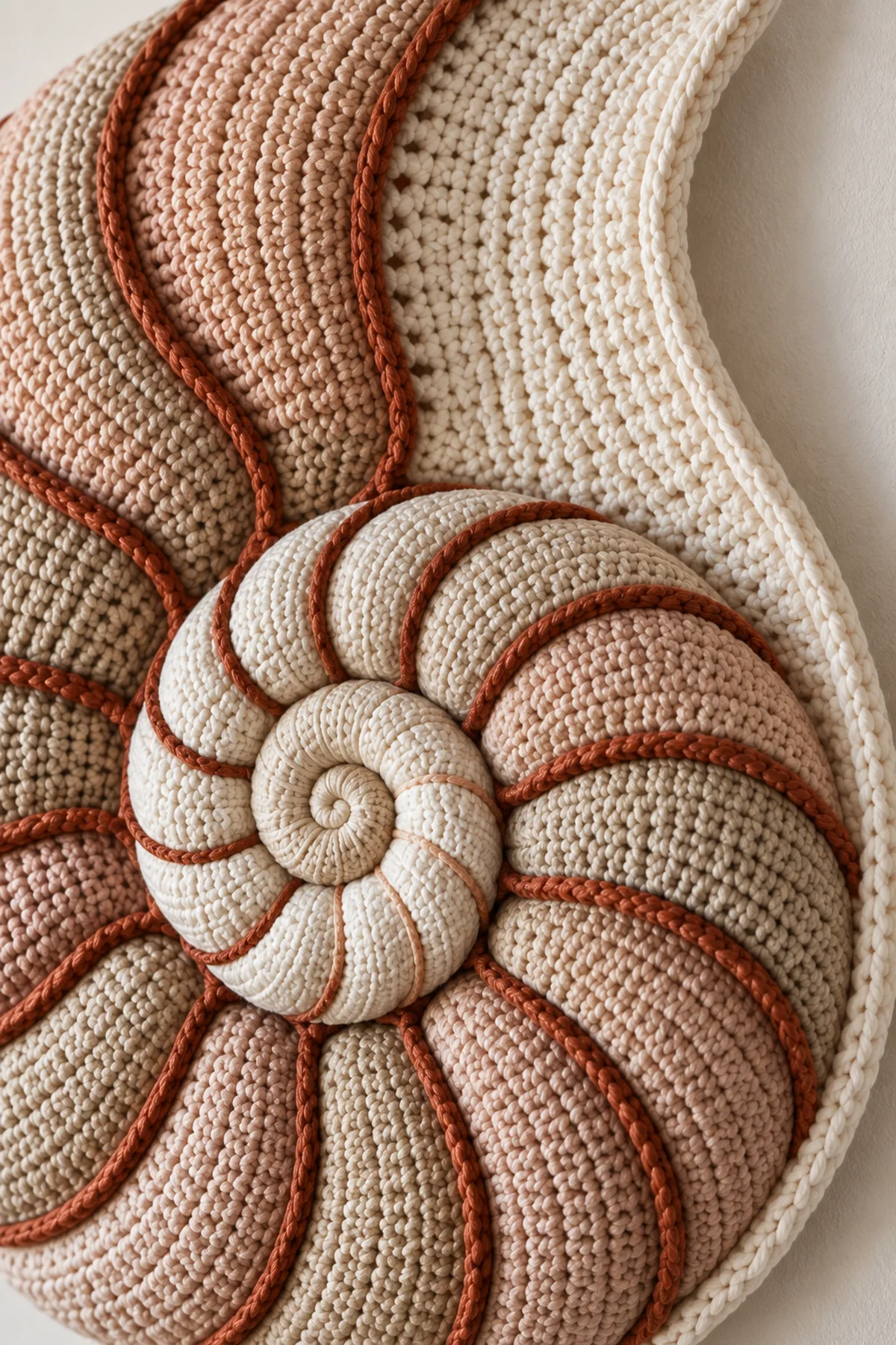 Close-up of spiral crochet shell chambers copper surface ridges and sculpted outer lip
