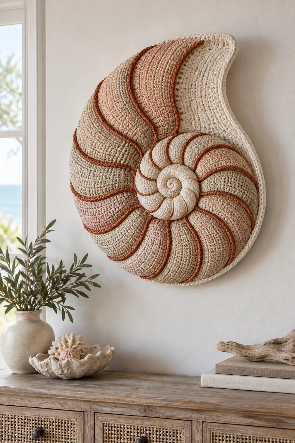 Finished sculptural crochet nautilus shell wall art in ivory sand blush and copper