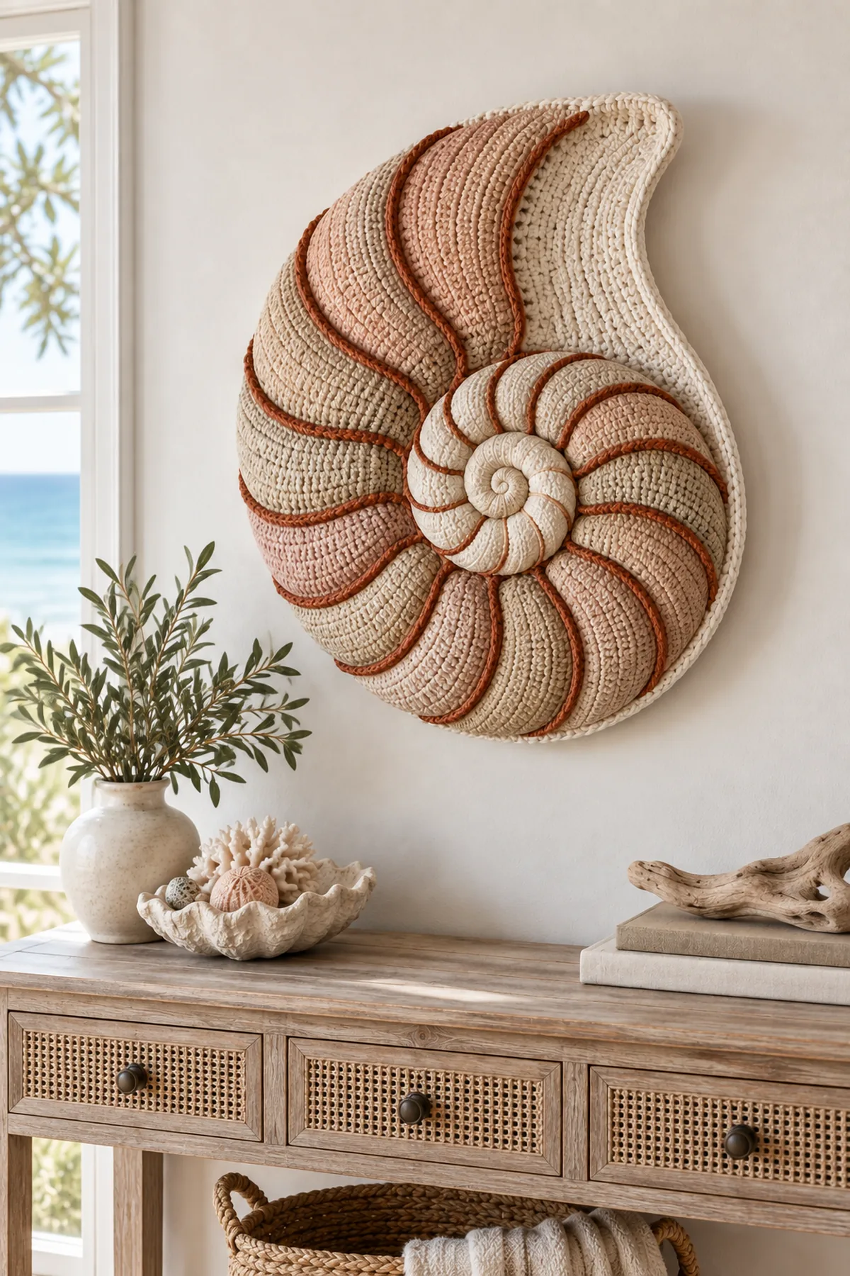 Dimensional nautilus crochet wall art displayed above a coastal console table