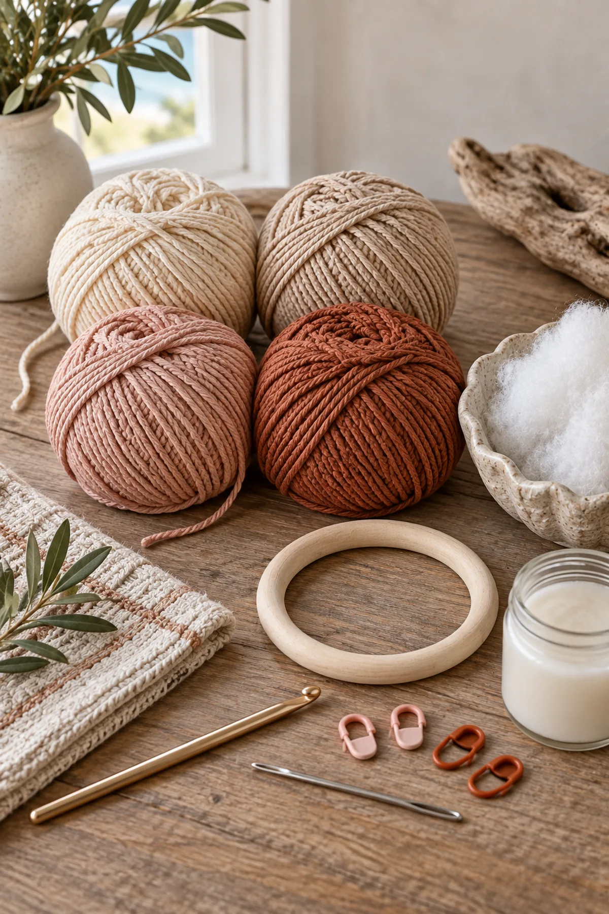 Ivory sand blush and copper worsted cotton yarn crochet hook fiberfill craft ring stiffener markers and needle
