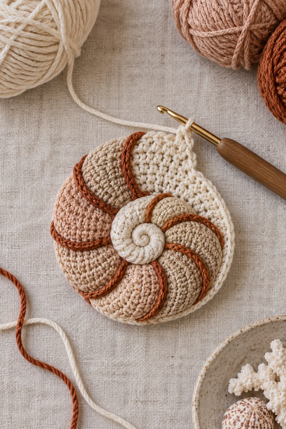Ivory eight stitch magic ring expanding into the first nautilus spiral rounds