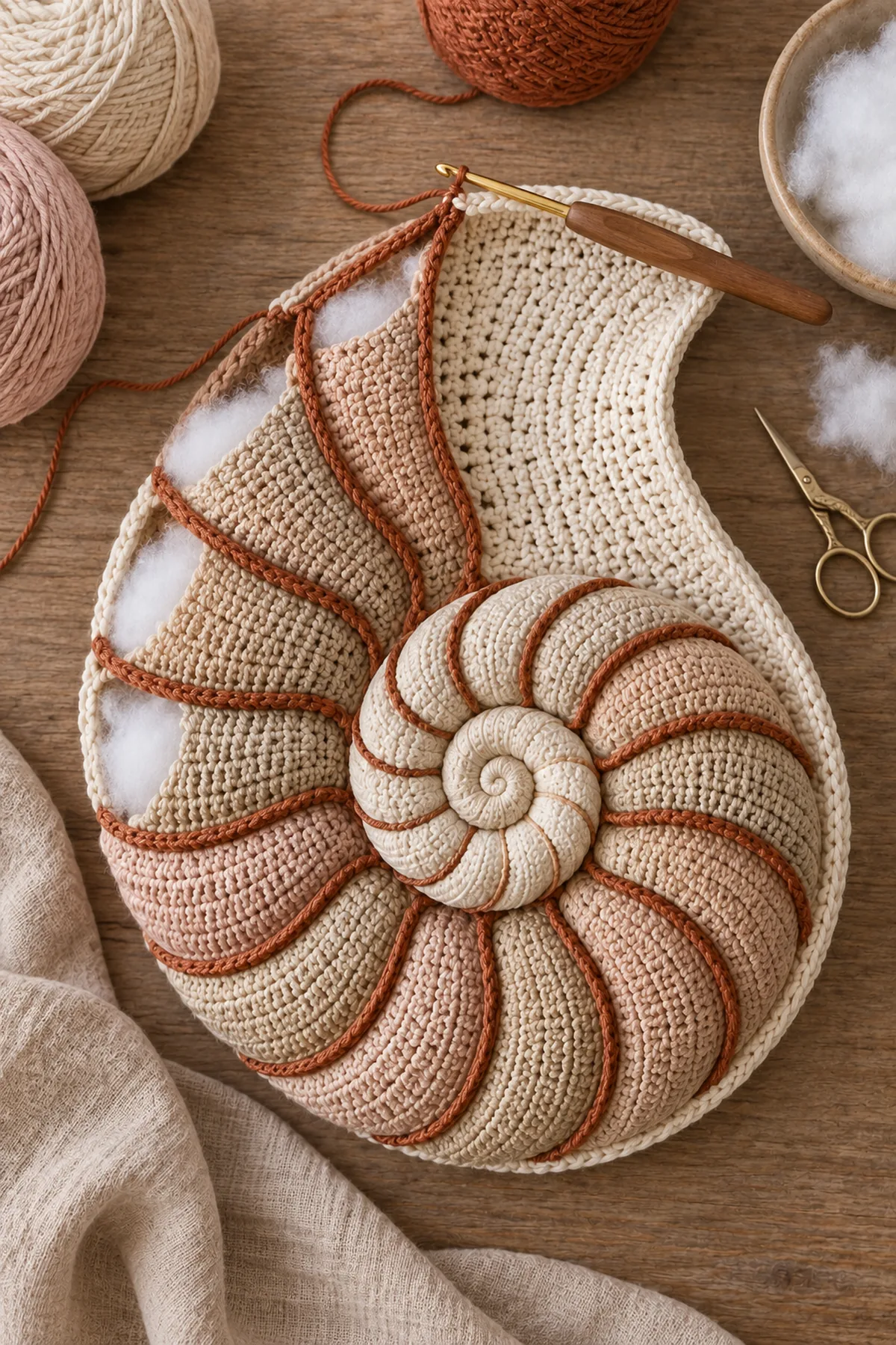 Crochet nautilus shell midway through raised short row chambers and soft stuffing