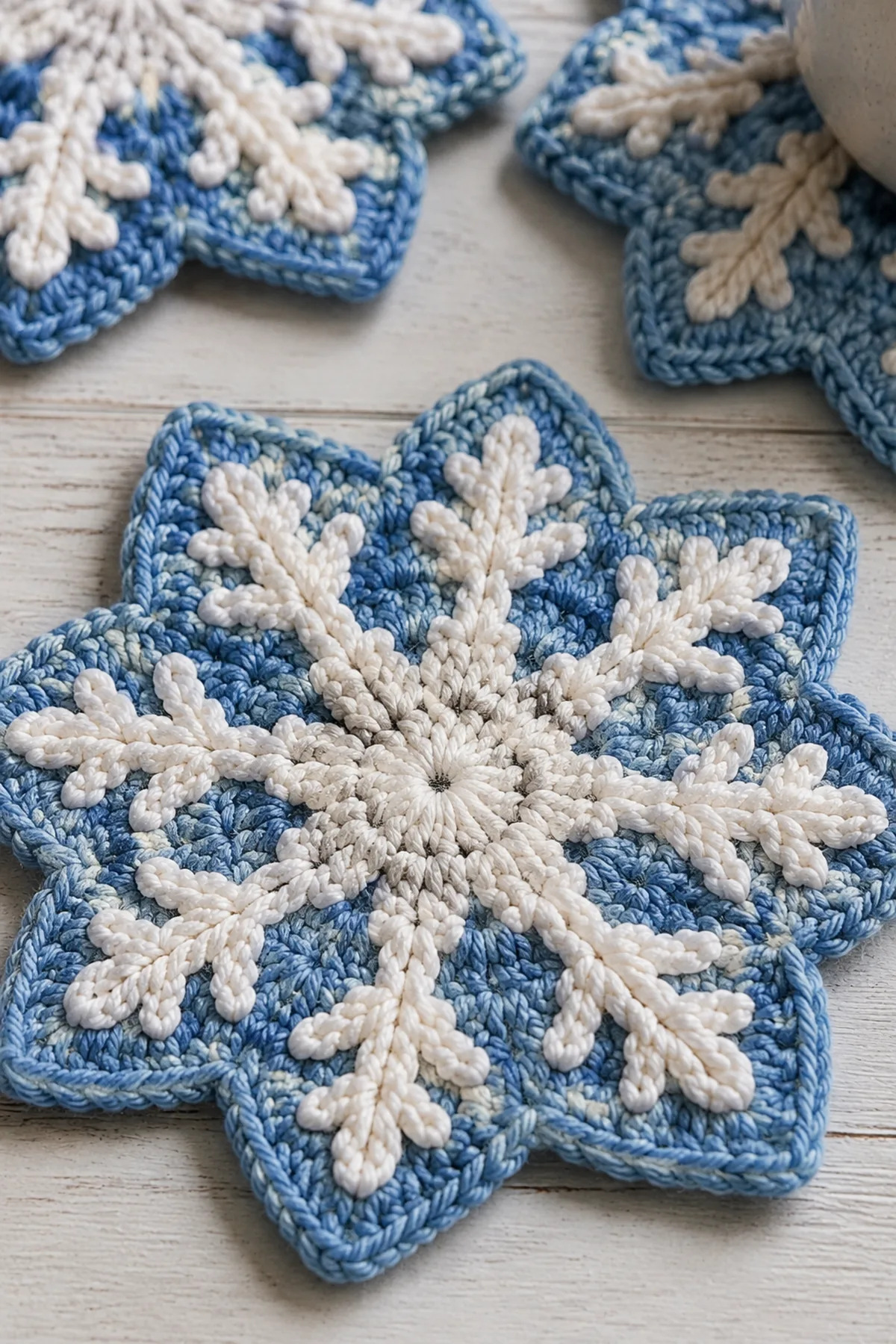 Close-up of the stitch texture and finishing details on crochet snowflake mug rugs