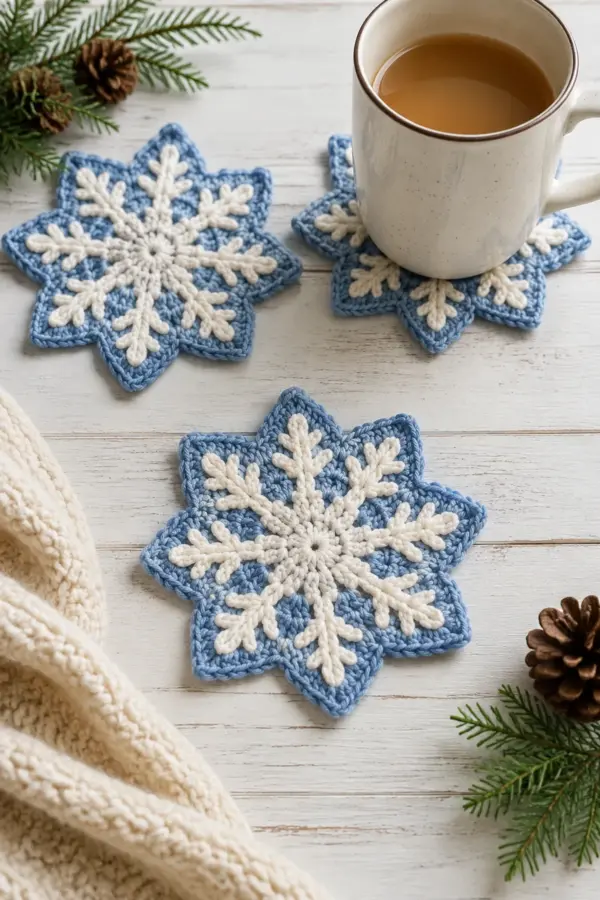Finished crochet snowflake mug rugs displayed with a clean handmade finish