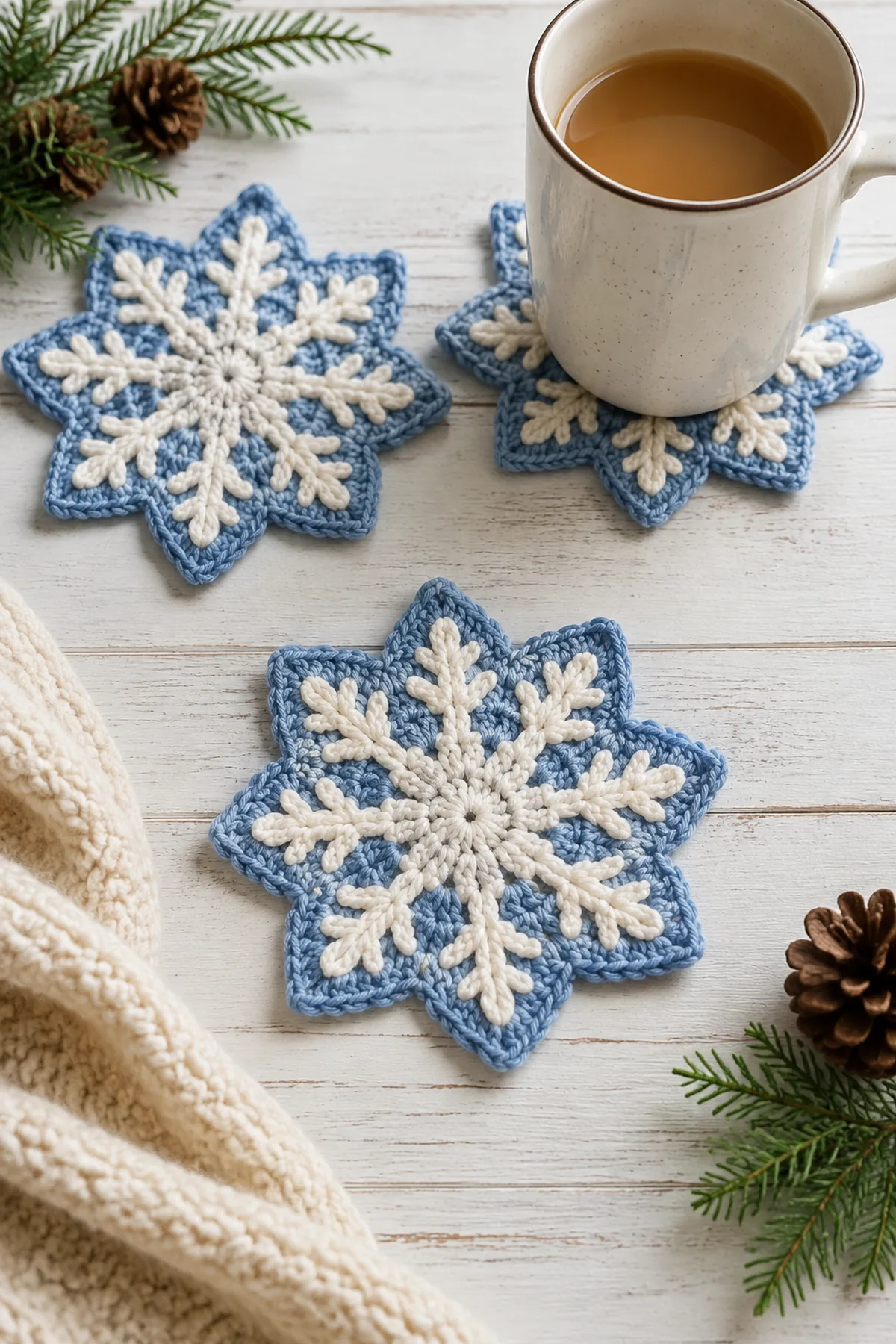Finished crochet snowflake mug rugs displayed with a clean handmade finish
