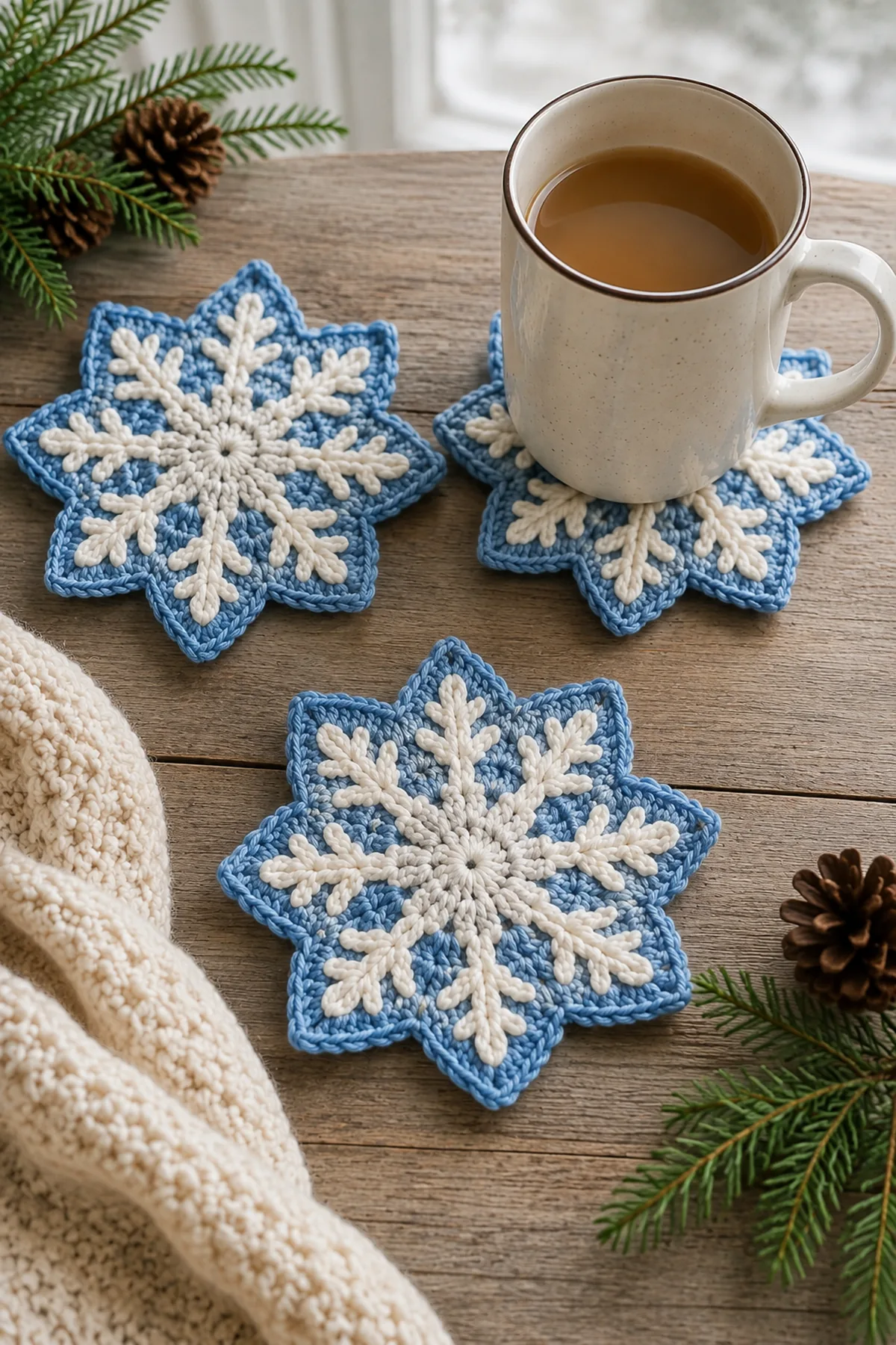 Finished crochet snowflake mug rugs styled in a bright natural setting