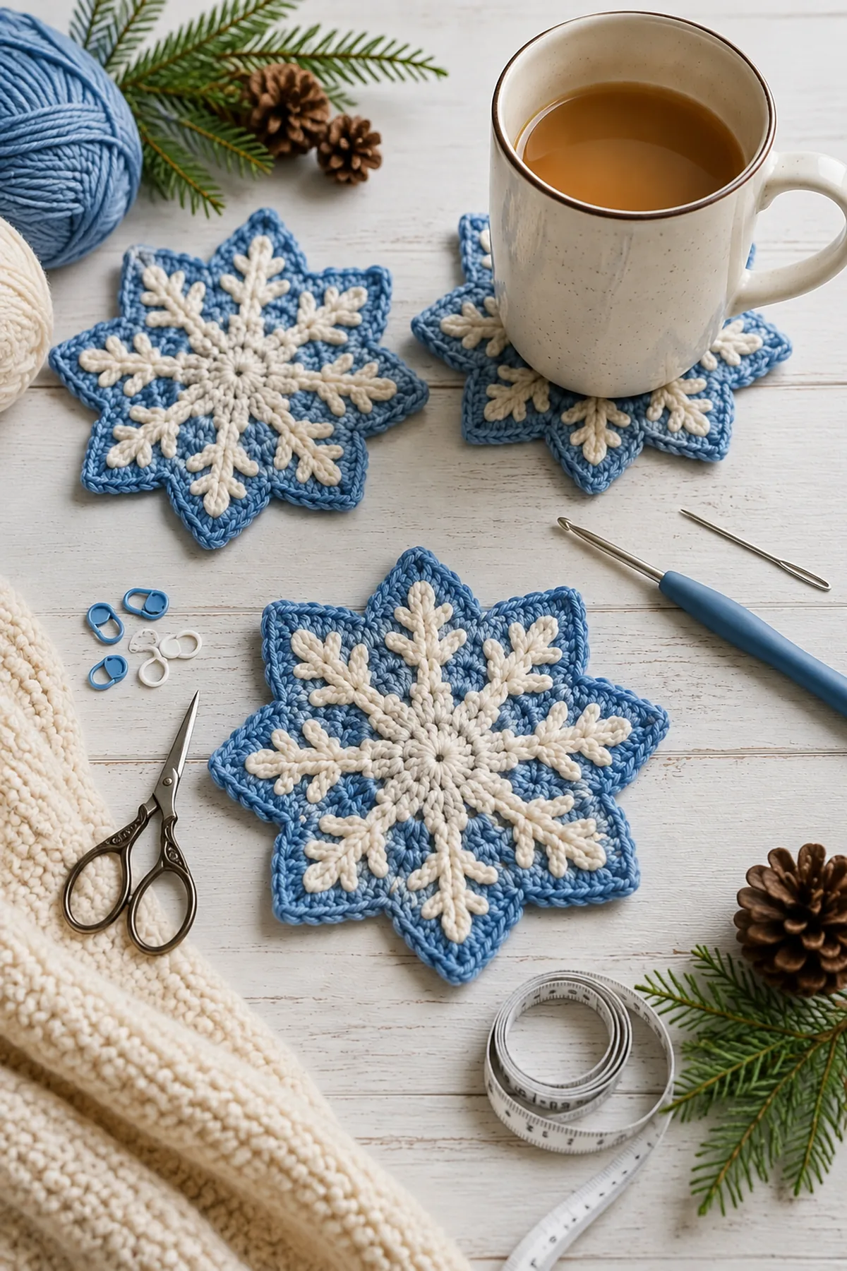 Yarn, crochet hook, stitch markers, yarn needle, tape measure, and scissors for crochet snowflake mug rugs