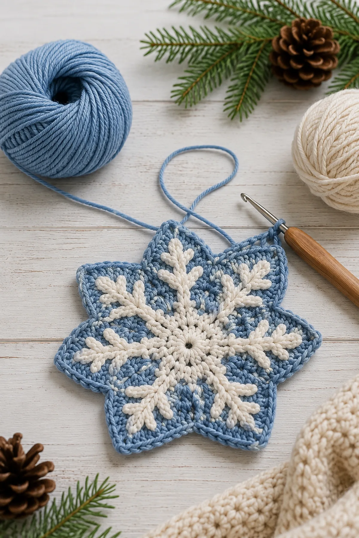 Early crochet construction stage for crochet snowflake mug rugs with working yarn and hook