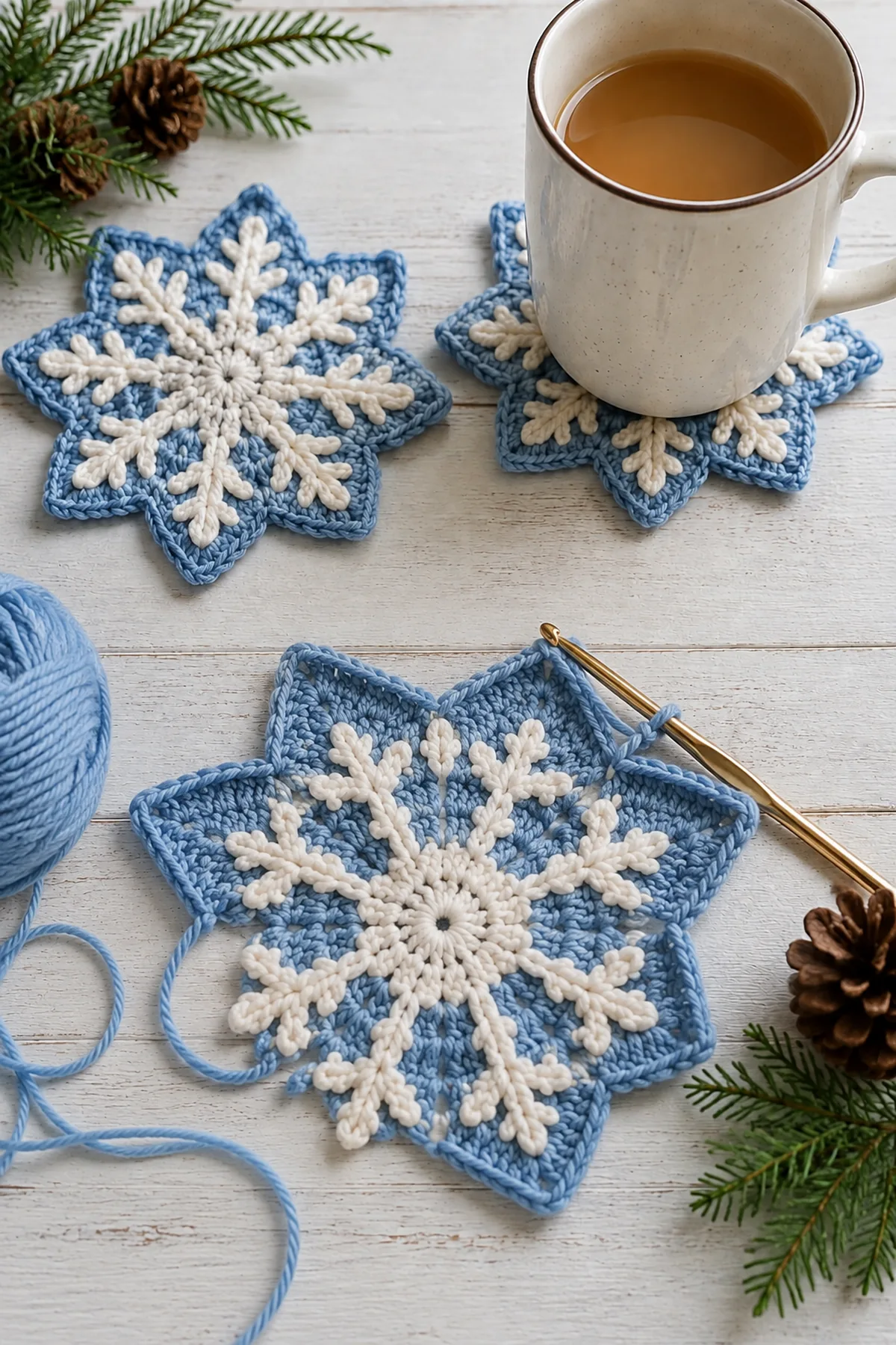 Mid-process crochet construction and shaping for crochet snowflake mug rugs