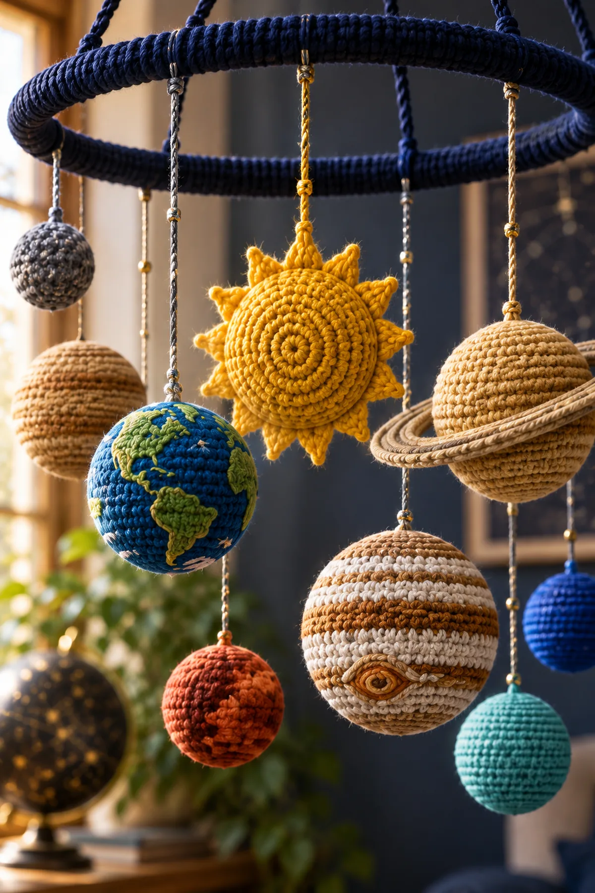 Close-up of crochet Earth Jupiter Saturn ring silver orbit stitches and balanced cord knots