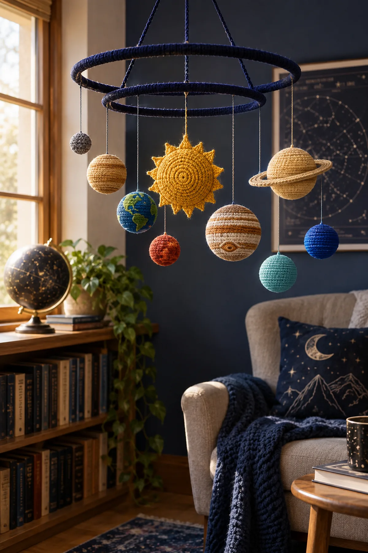 Finished crochet solar system planet mobile with golden sun eight colorful planets and midnight orbit hoops