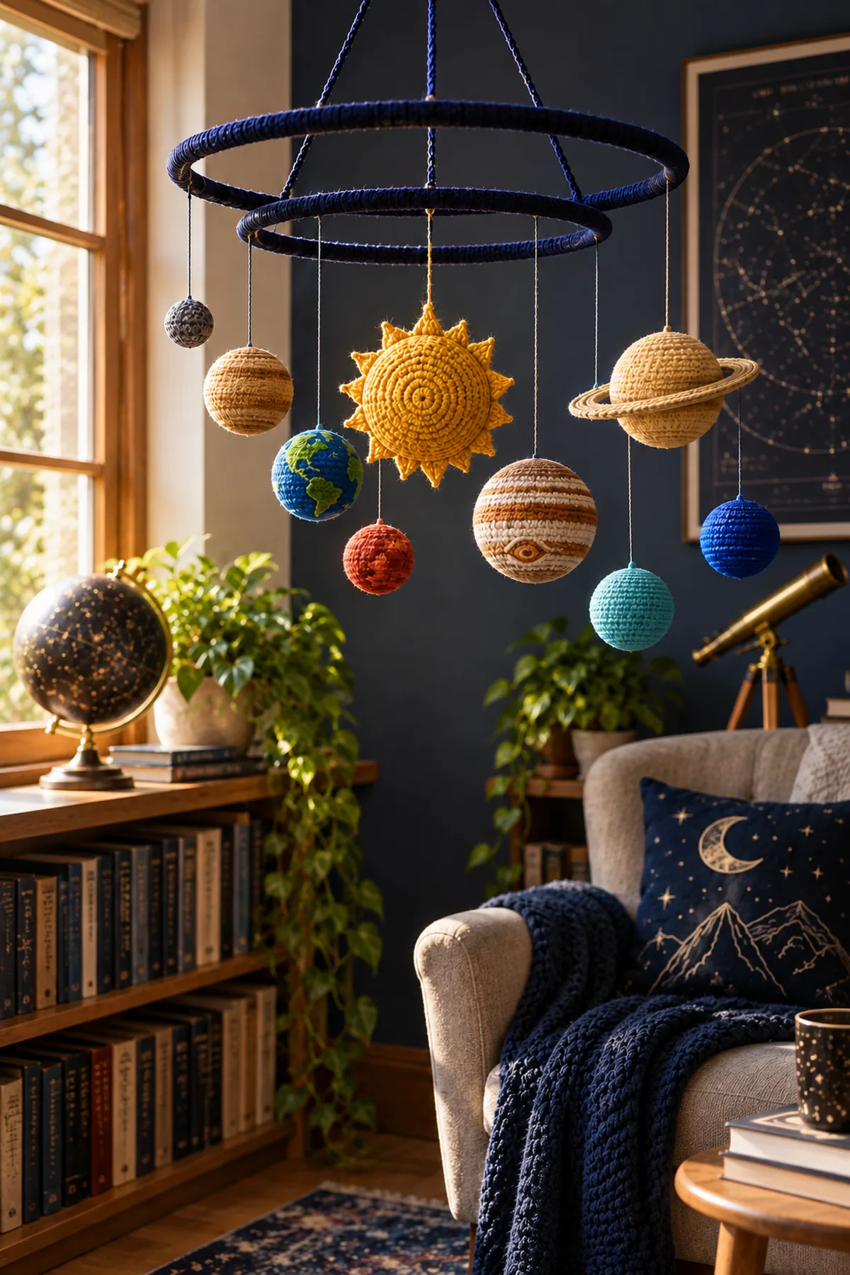 Solar system crochet planet mobile hanging in a calm astronomy themed reading nook