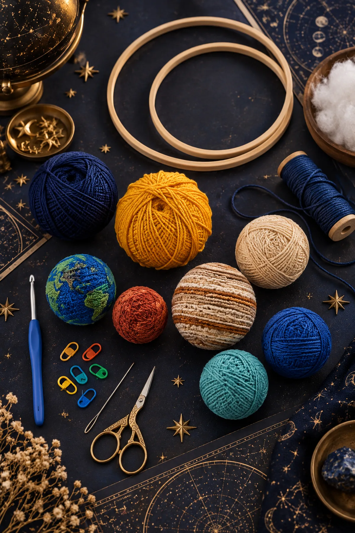 Midnight gold and assorted DK cotton yarn hooks wooden hoops fiberfill cord markers needle and scissors