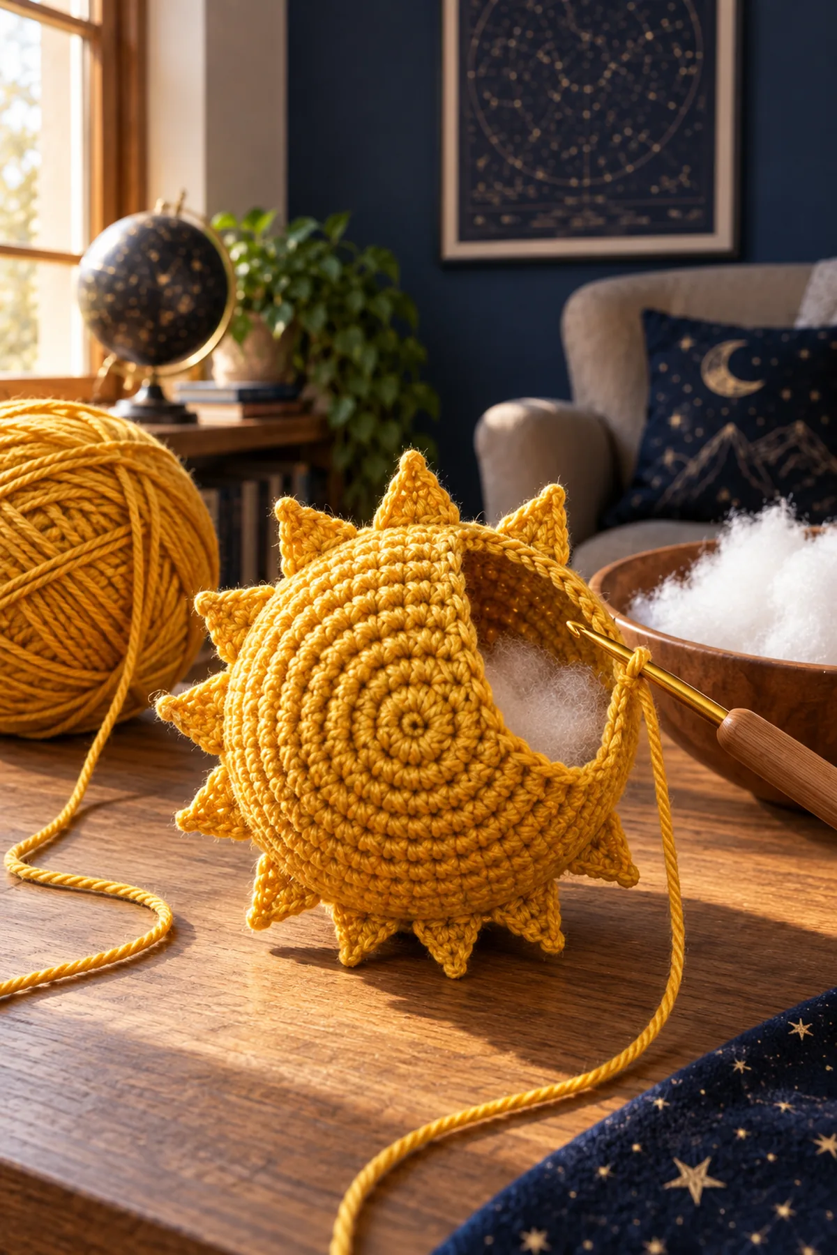 Golden eight stitch crochet sun sphere beginning with marked increase sectors