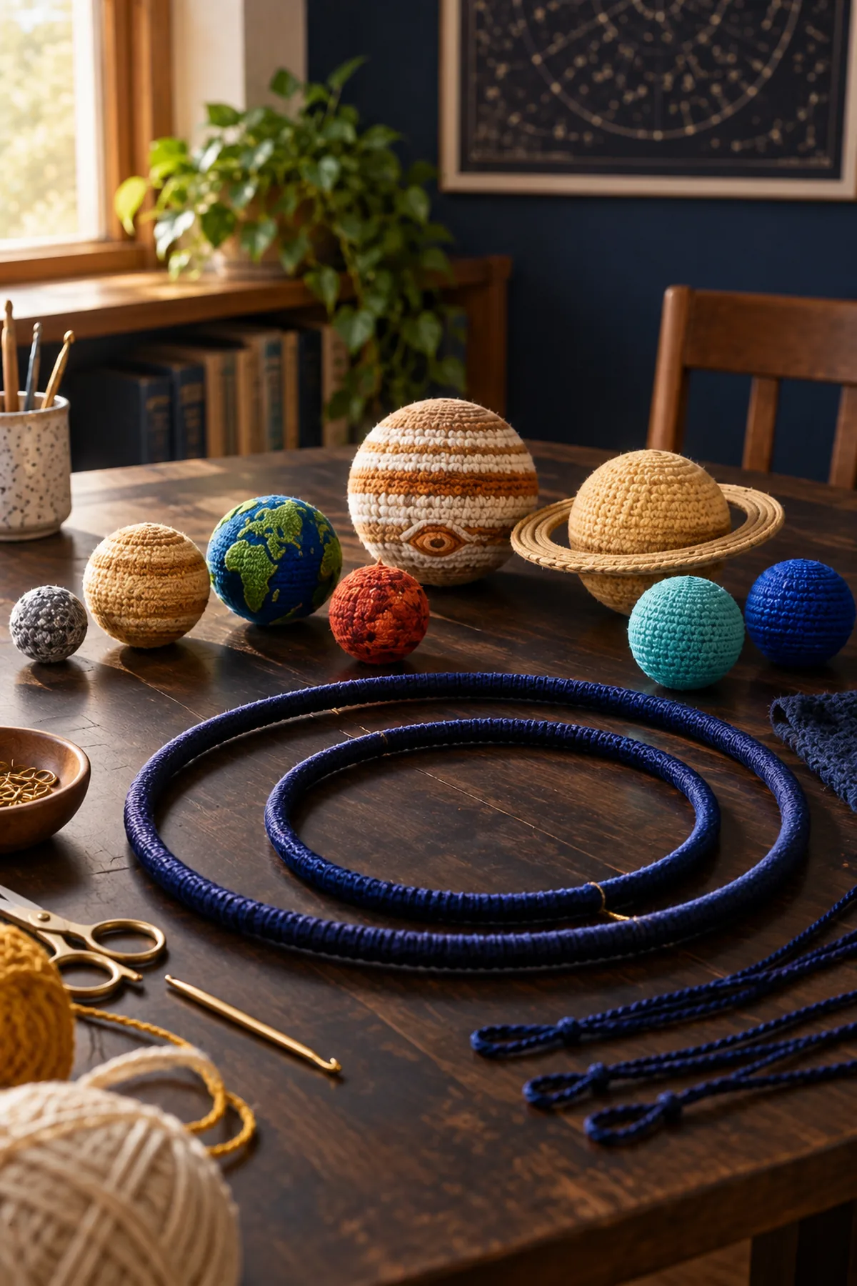 Eight crochet planet spheres with tapestry bands Saturn ring and embroidered details before hanging