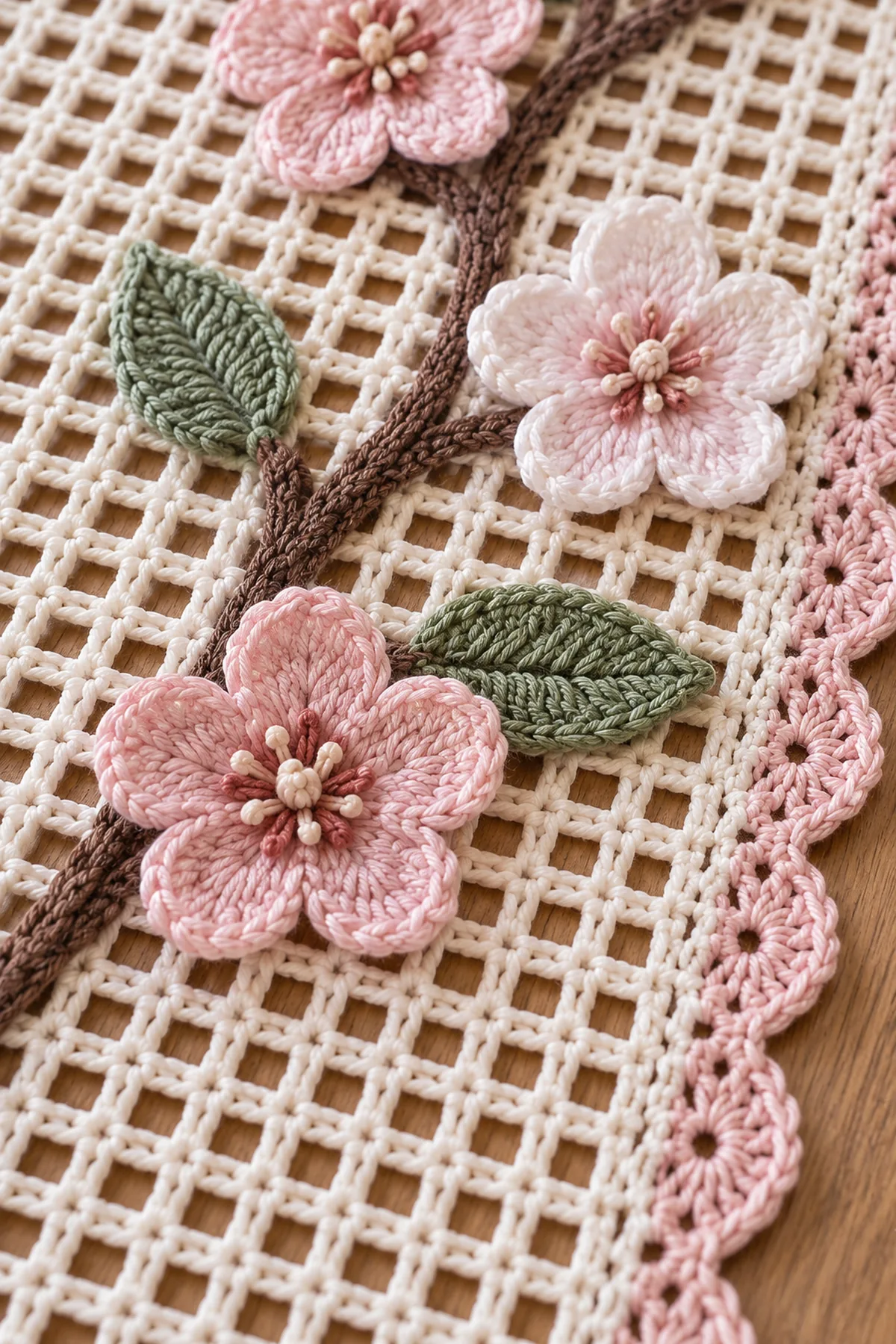 Close-up of pink and white crochet cherry blossoms sage leaves filet mesh and blush shell border