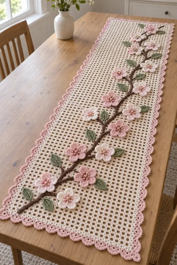 Finished pale cream crochet table runner with a brown branch pink white cherry blossoms and sage leaves