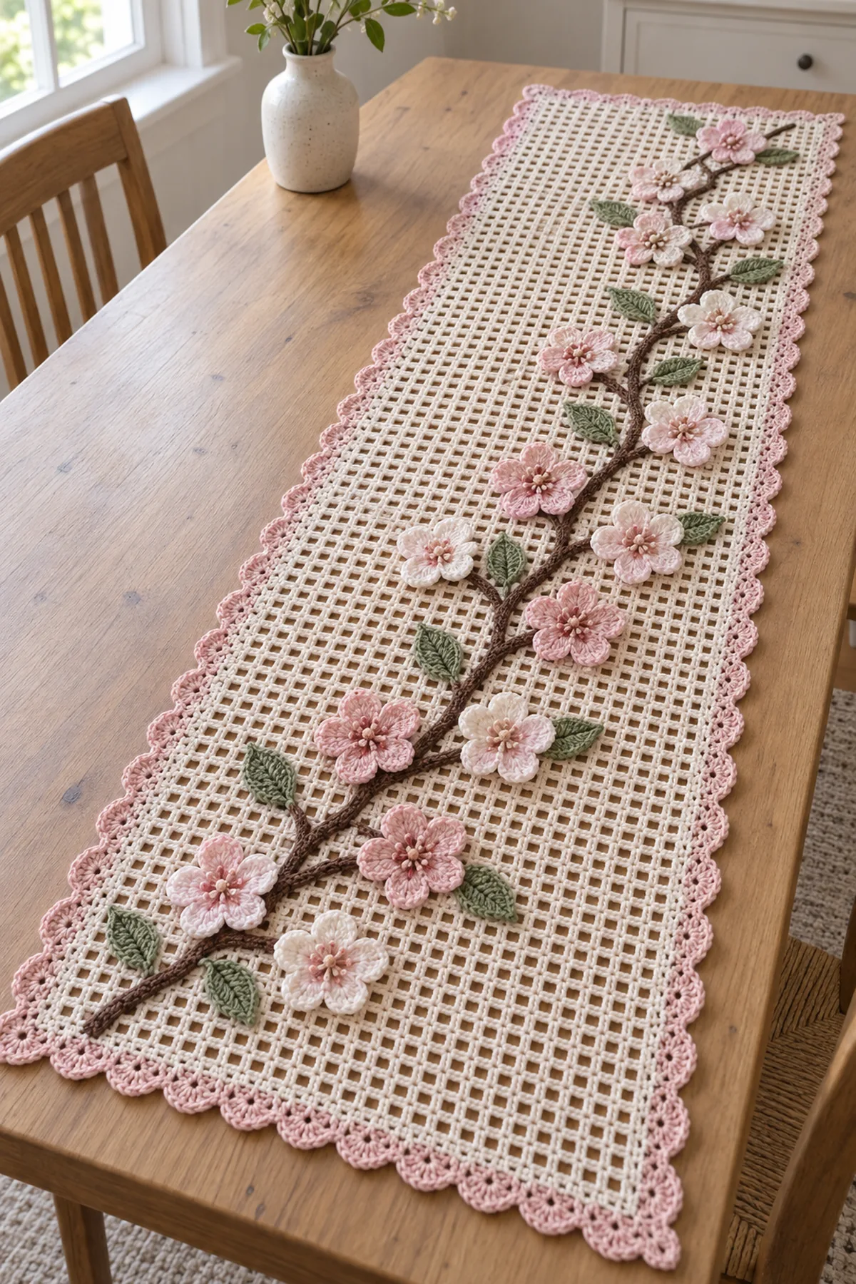 Finished pale cream crochet table runner with a brown branch pink white cherry blossoms and sage leaves