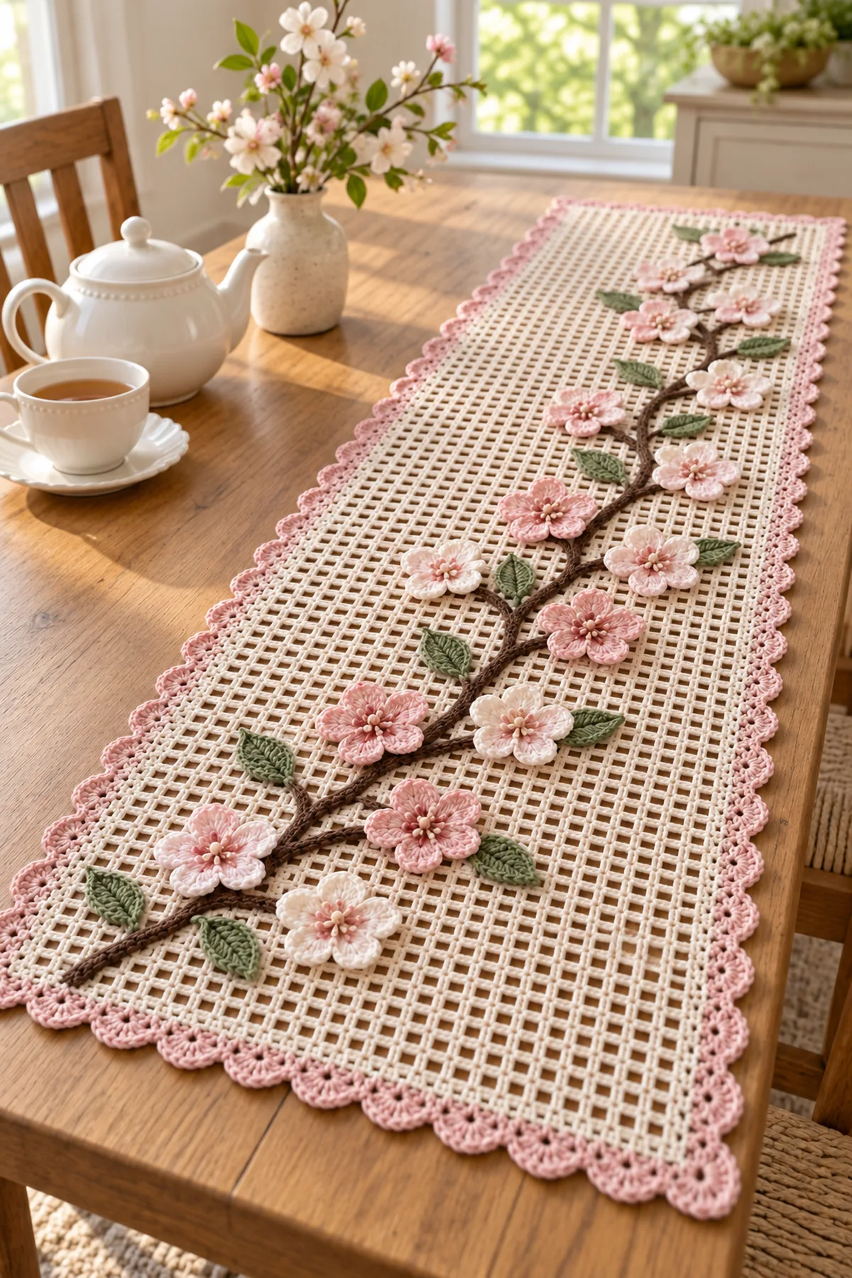 Spring cherry blossom crochet table runner styled on a bright dining table