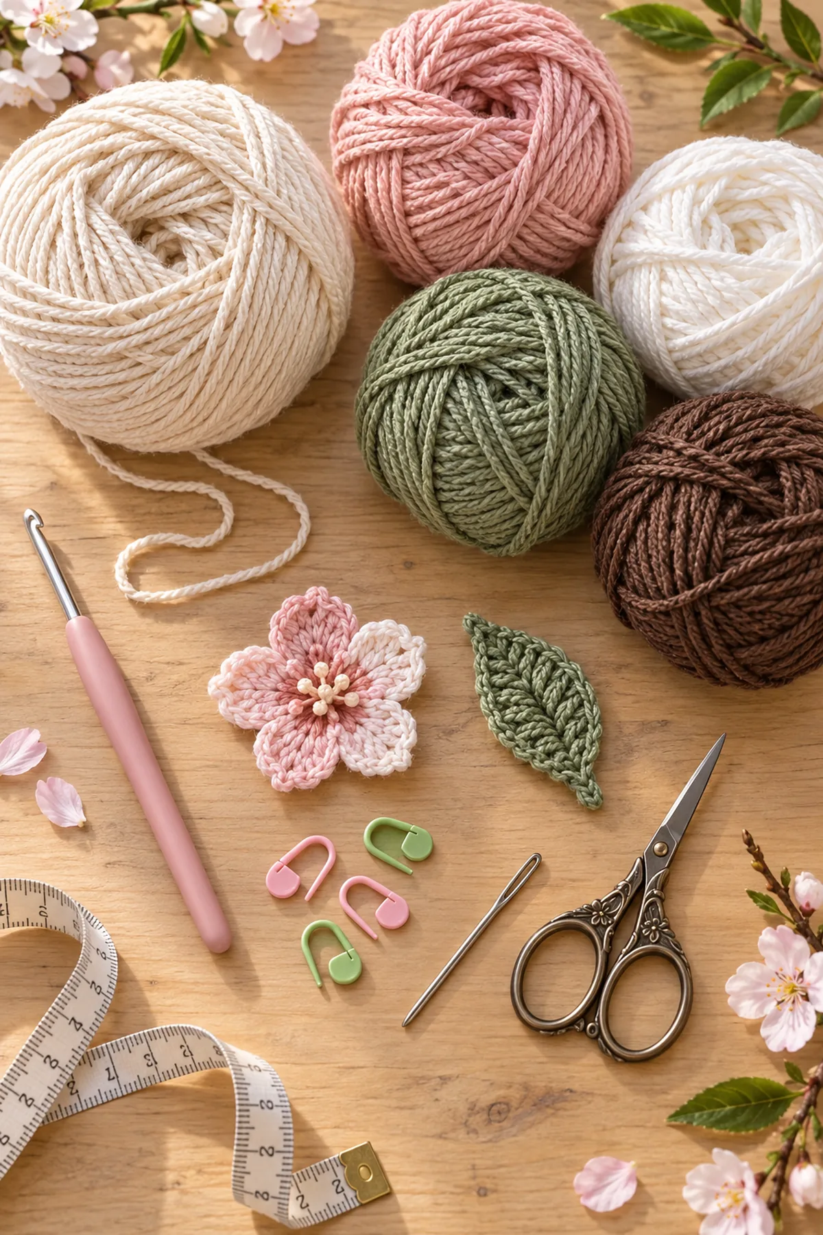 Cream blush white sage and brown cotton yarn with hook markers needle scissors and tape