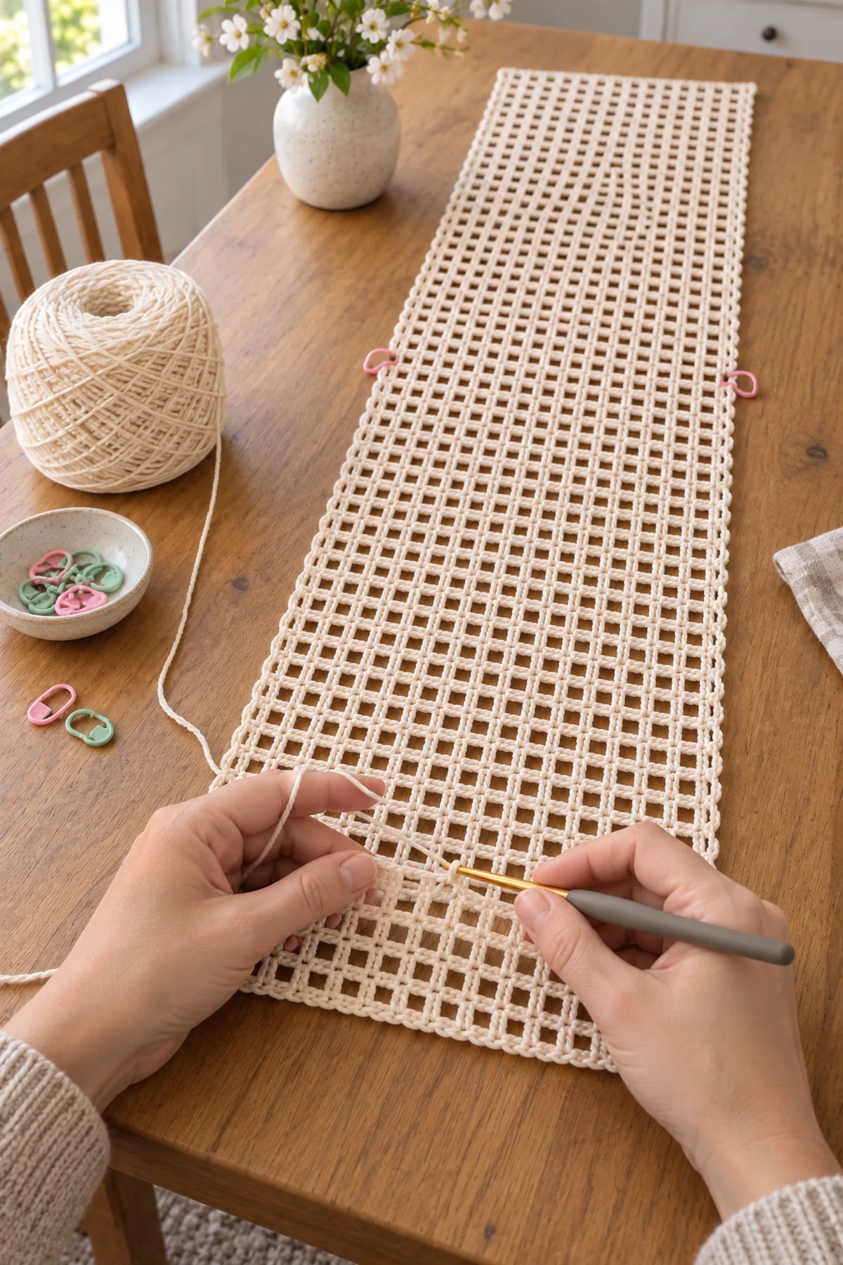 Long pale cream filet mesh crochet table runner base in progress