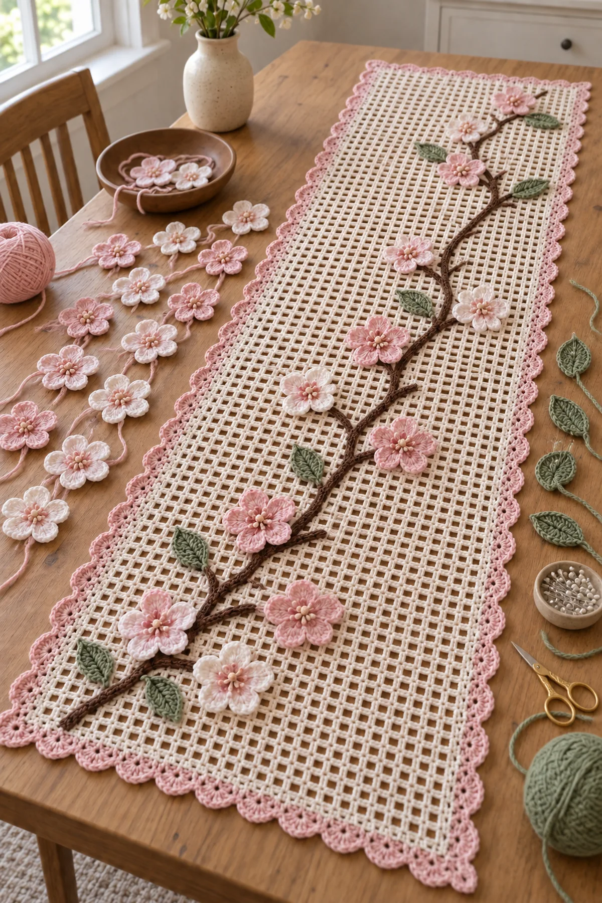 Blocked filet runner with a brown surface crochet branch and loose cherry blossom motifs arranged