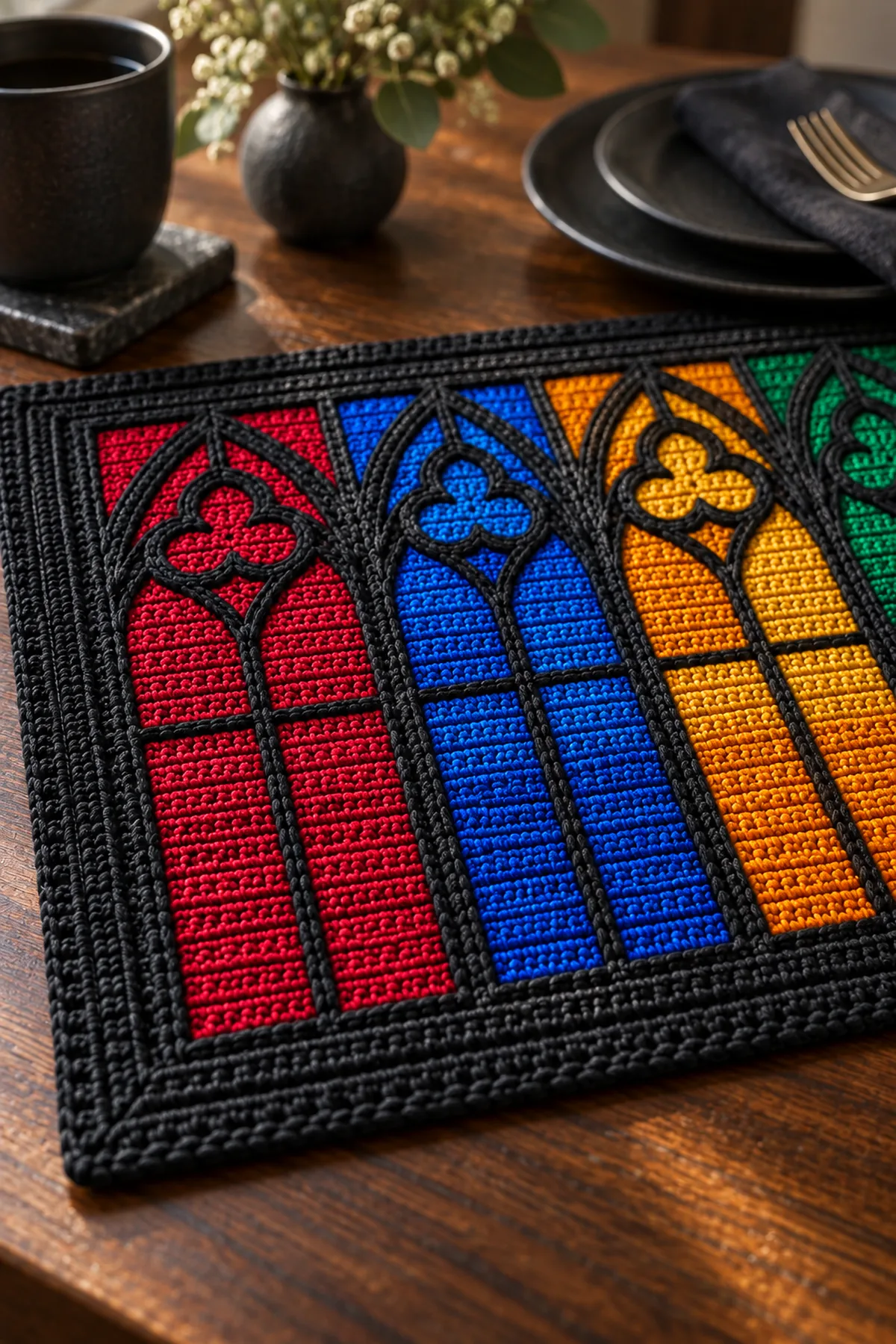 Close-up of jewel tone tapestry crochet panes black surface leading and envelope border