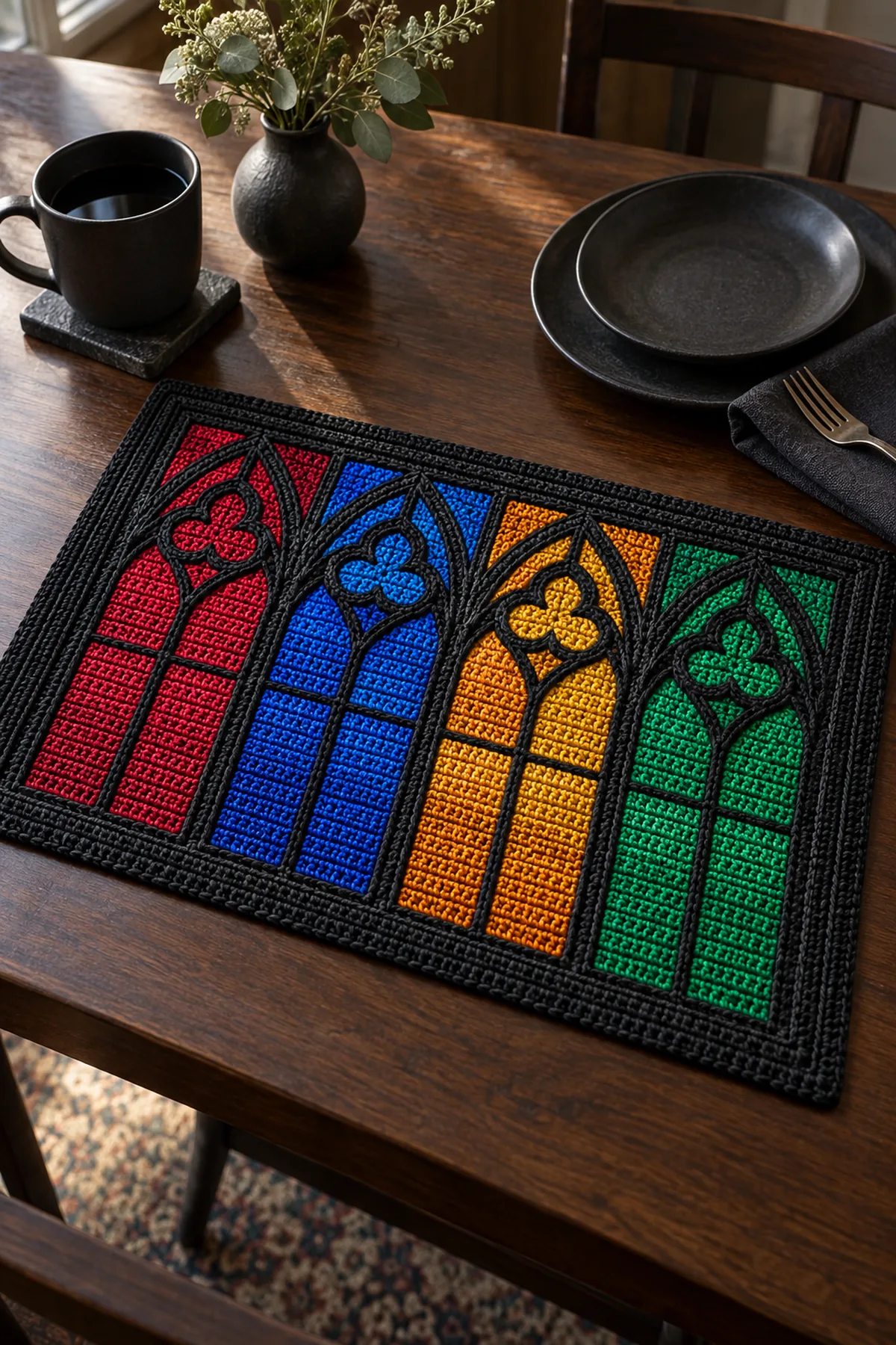 Finished crochet stained glass cathedral placemat with black leading and jewel tone panes