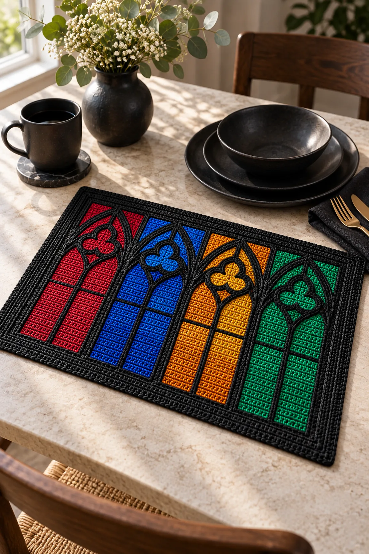 Stained glass cathedral crochet placemat styled with black stoneware on a dramatic dining table
