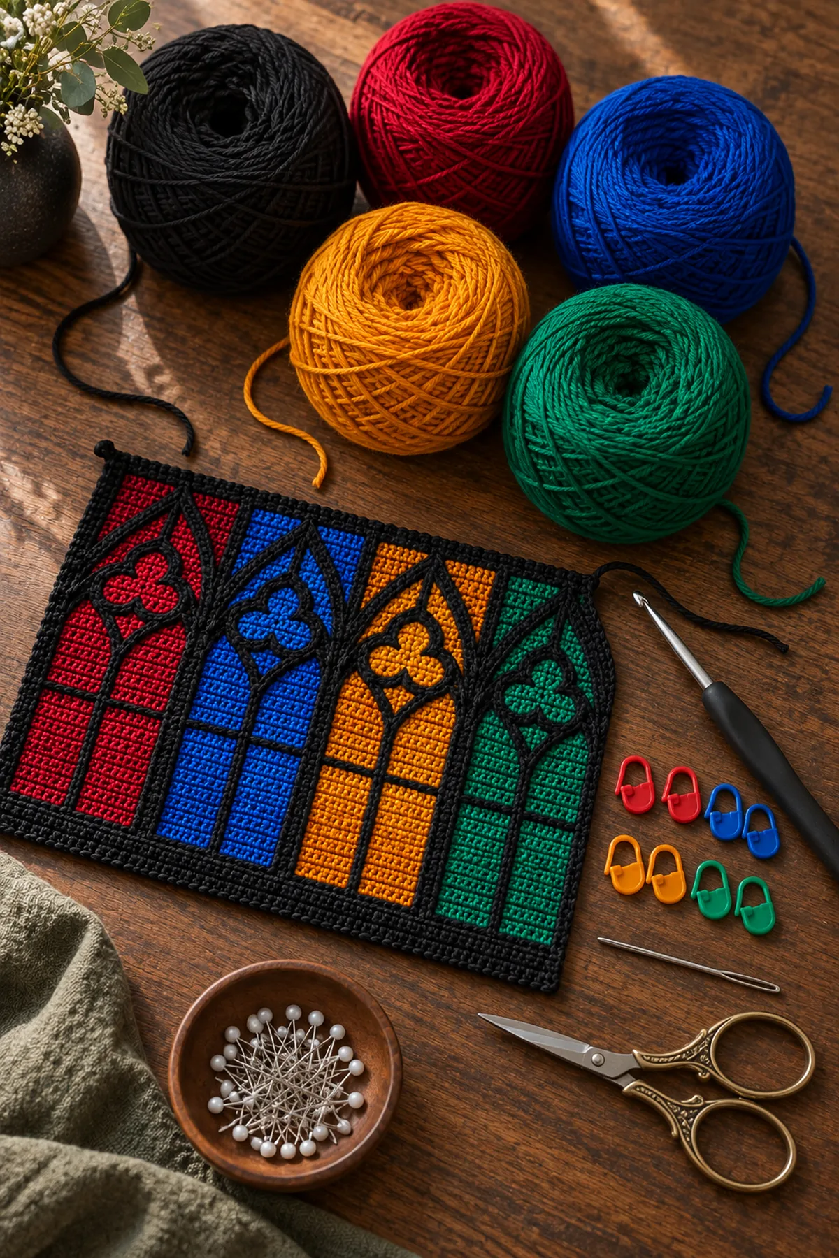 Black ruby sapphire amber and emerald DK cotton crochet hook markers needle scissors and blocking pins