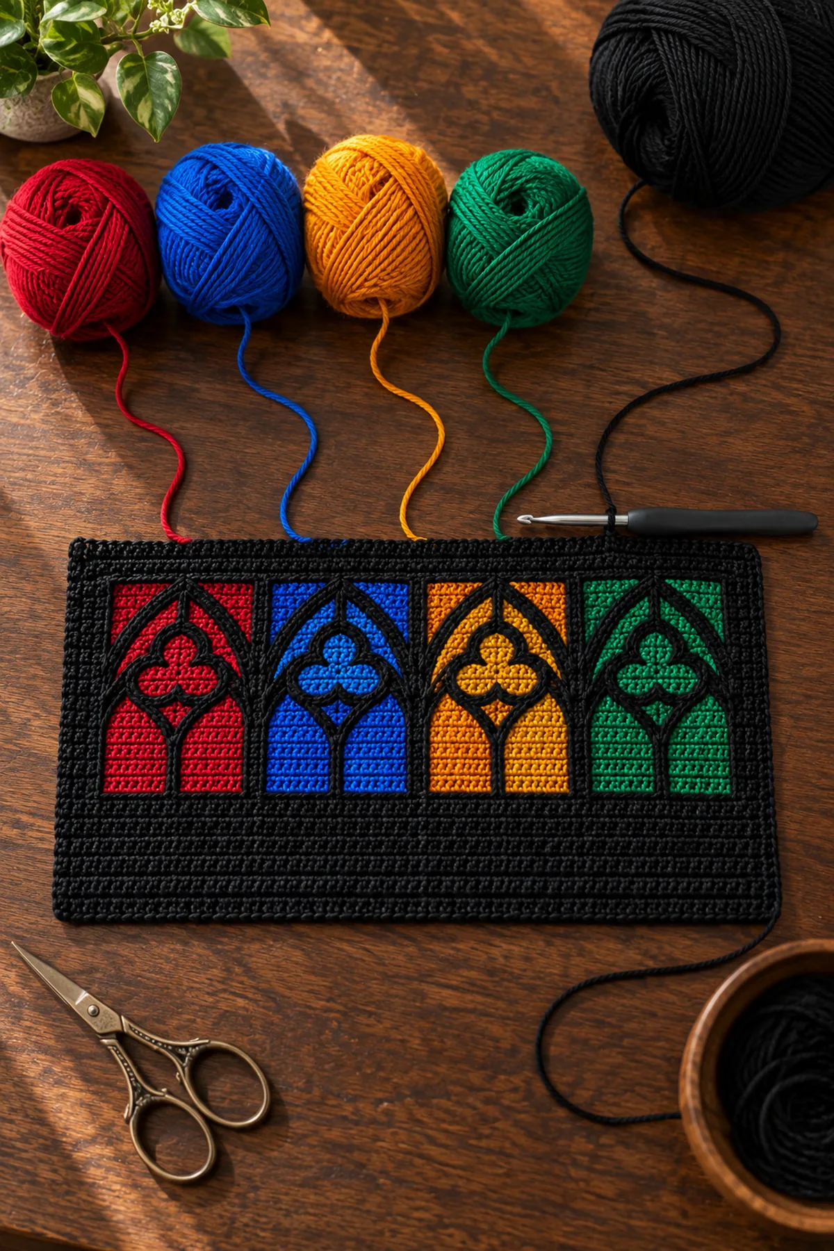 Black 61 stitch placemat foundation with first pointed jewel tone panes