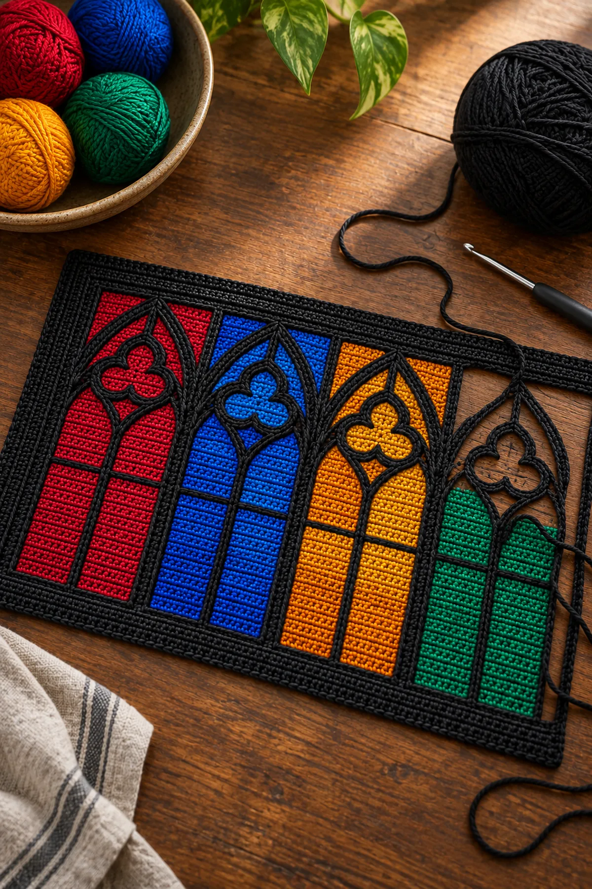 Rectangular stained glass crochet placemat midway through mirrored cathedral arches
