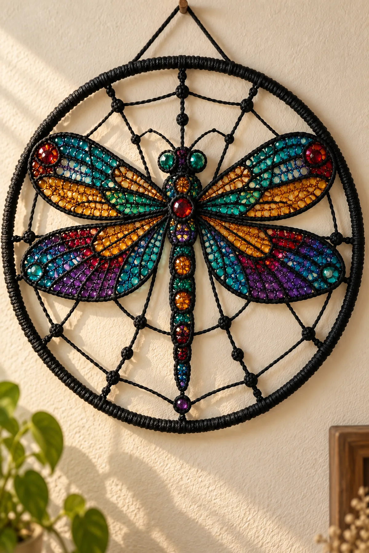 Close-up of stitch texture and finishing details on crochet stained glass dragonfly wall hanging