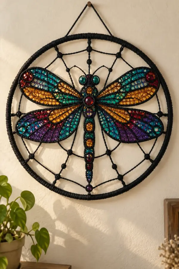 Finished crochet stained glass dragonfly wall hanging displayed with a clean handmade finish