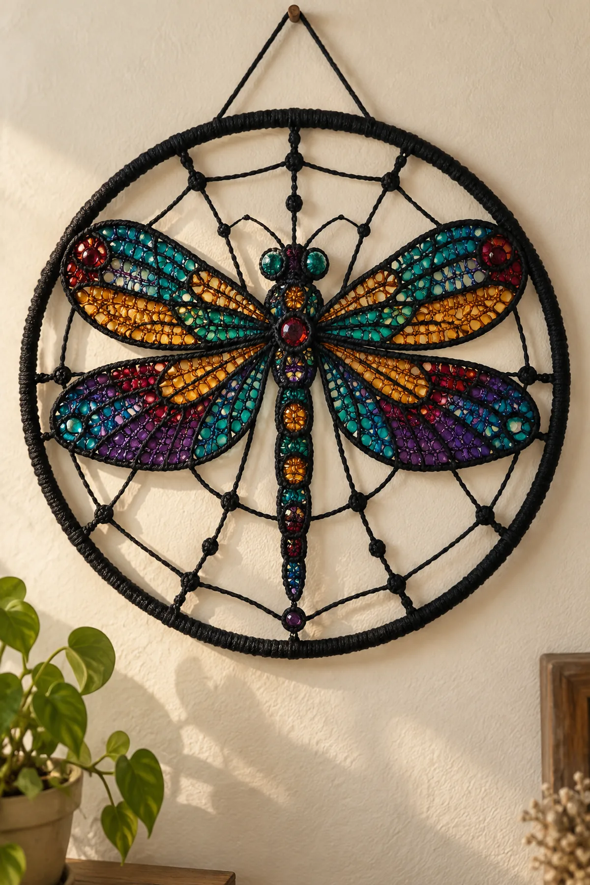 Finished crochet stained glass dragonfly wall hanging displayed with a clean handmade finish