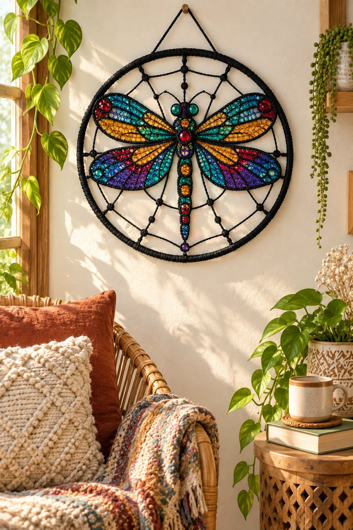 Finished crochet stained glass dragonfly wall hanging styled in a bright natural setting
