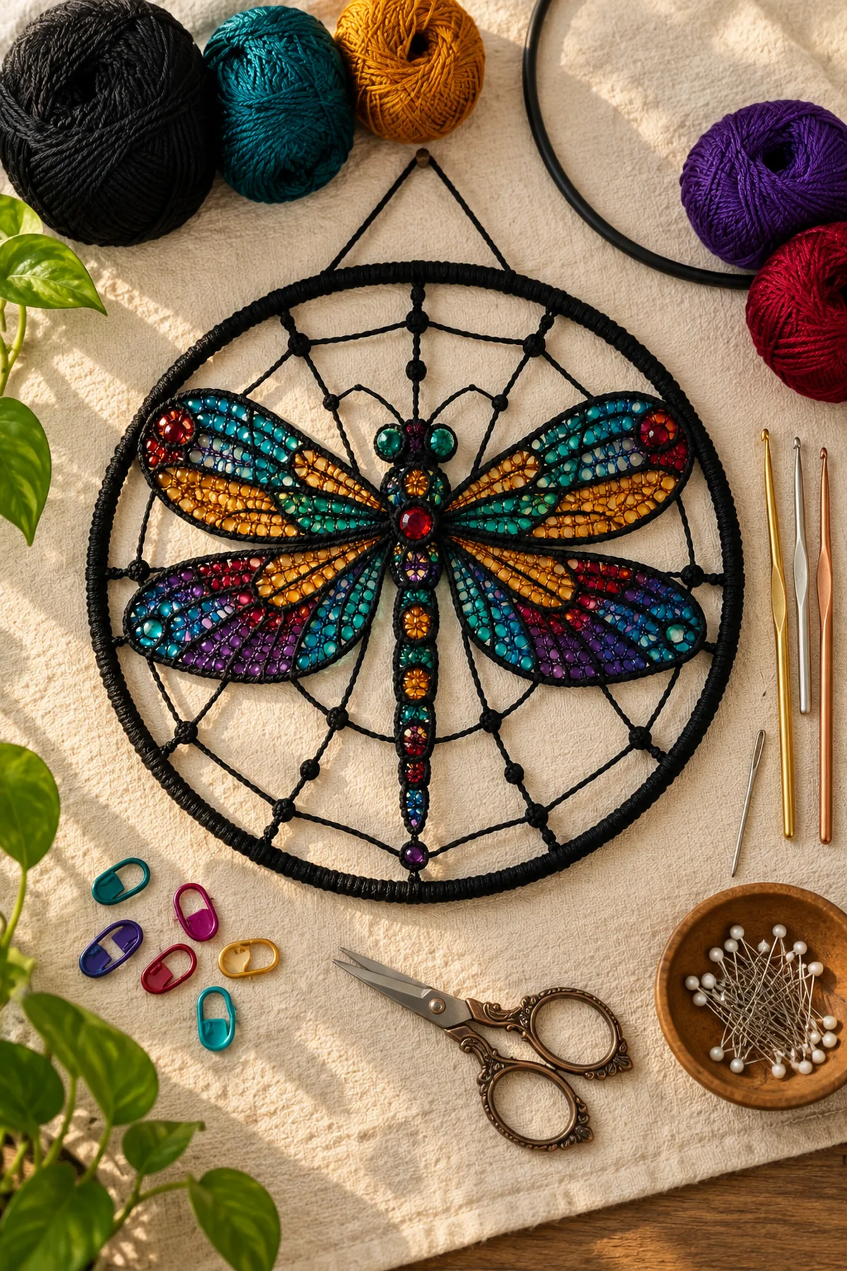 Materials for crochet stained glass dragonfly wall hanging including yarn, crochet hook, markers, needle, tape measure, and scissors