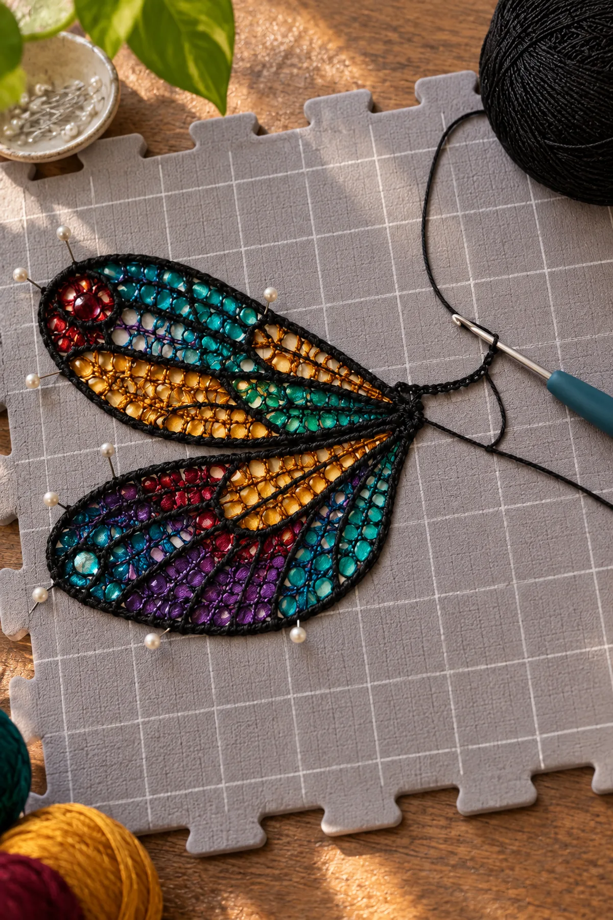Early crochet construction stage for crochet stained glass dragonfly wall hanging with working yarn and hook