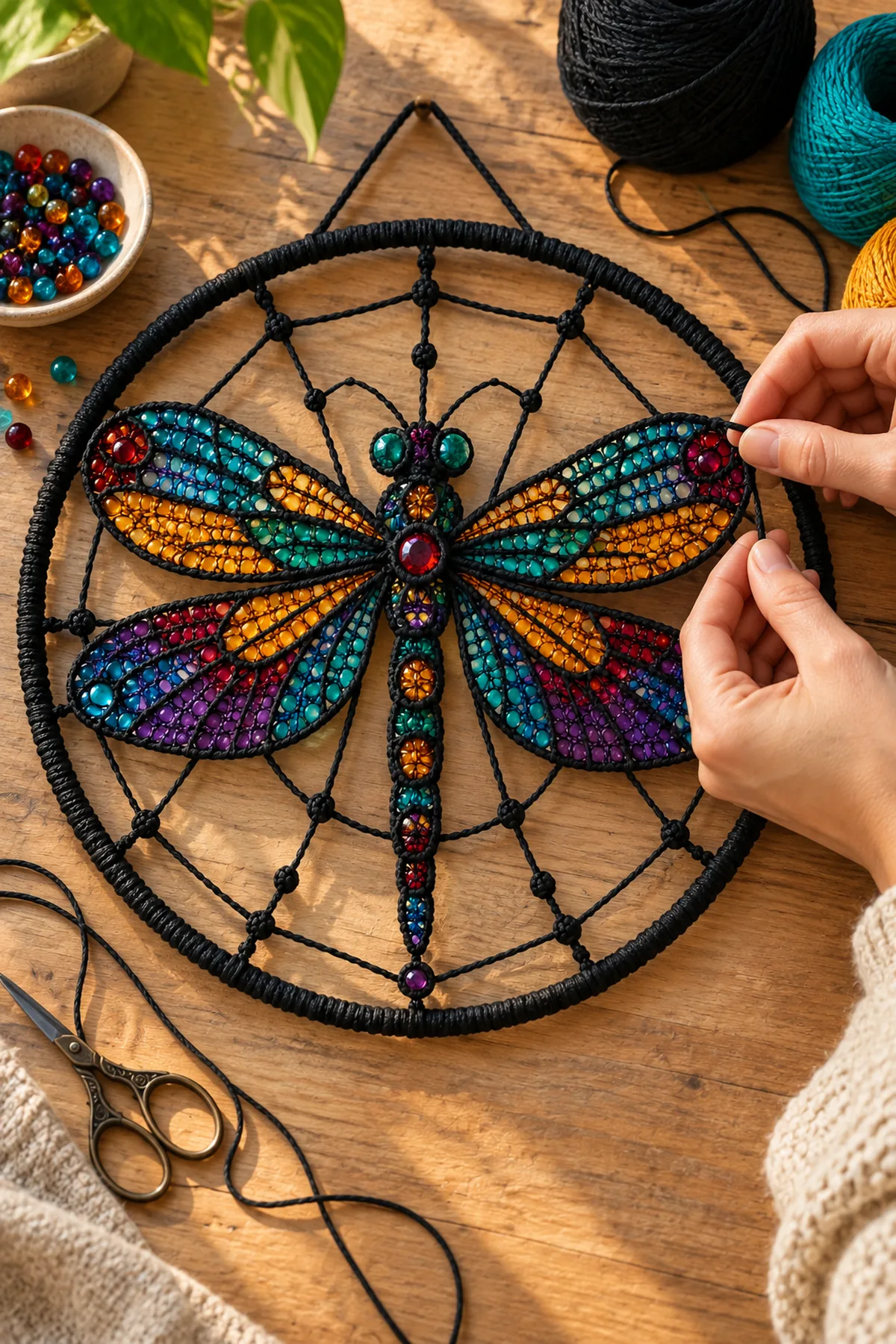 Mid-process crochet construction and shaping for crochet stained glass dragonfly wall hanging
