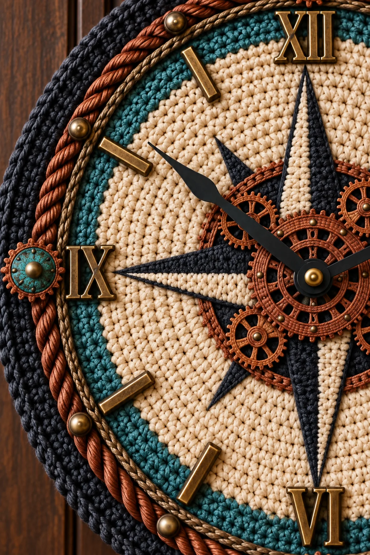 Close-up of copper overlay gears teal patina stitches braided cable ring and clock hands