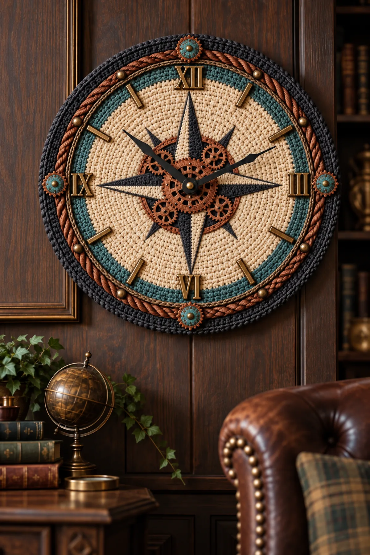 Finished working crochet steampunk compass wall clock in parchment charcoal copper and teal