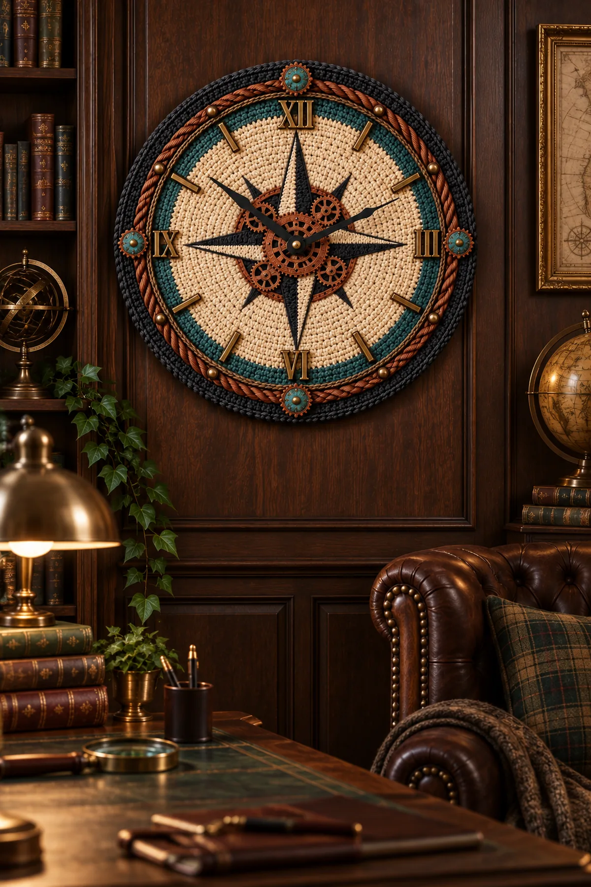 Steampunk compass crochet wall clock displayed in a dark wood study