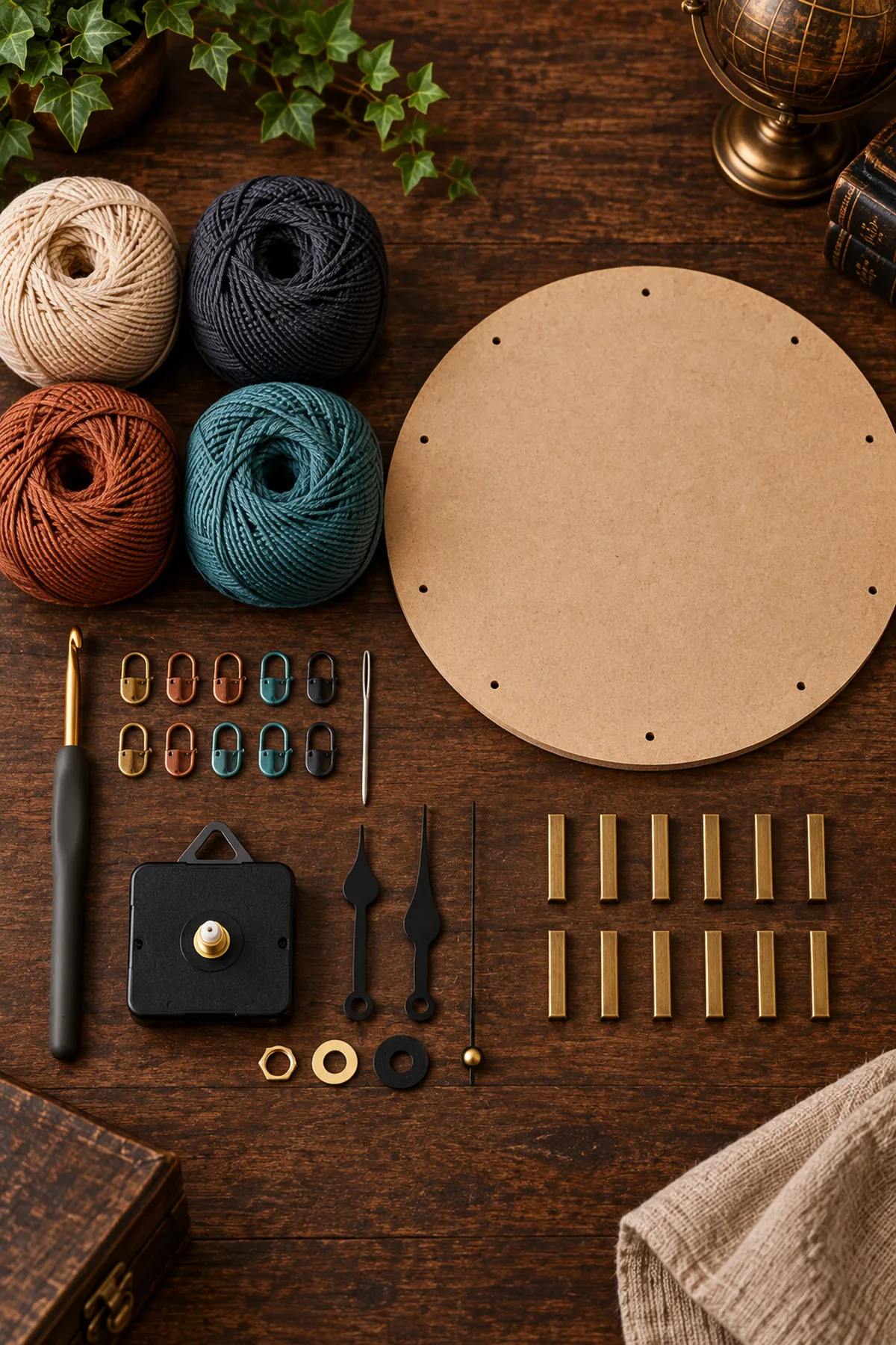 Parchment charcoal copper and teal DK yarn hook backing board clock movement markers charms and needle