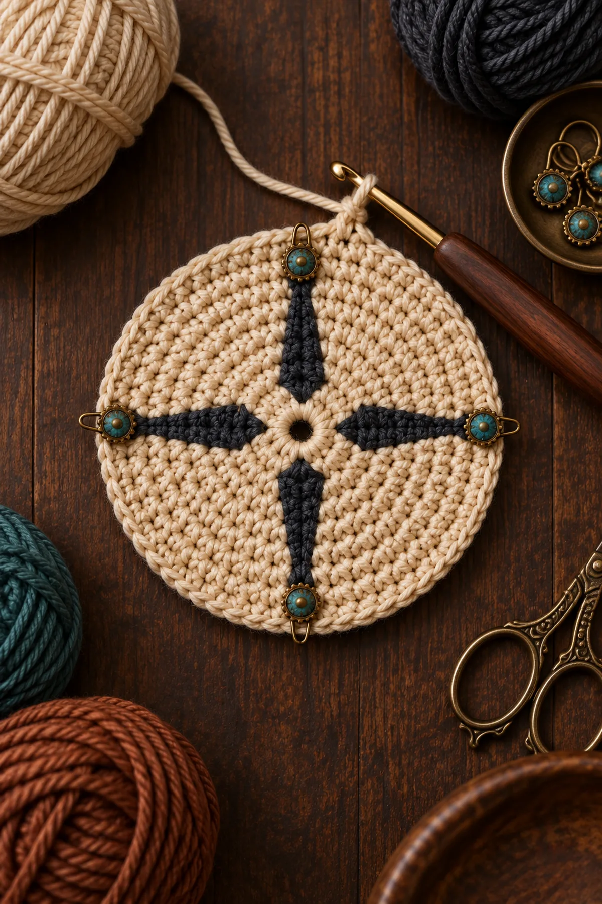 Parchment twelve stitch magic ring with first charcoal compass point markers