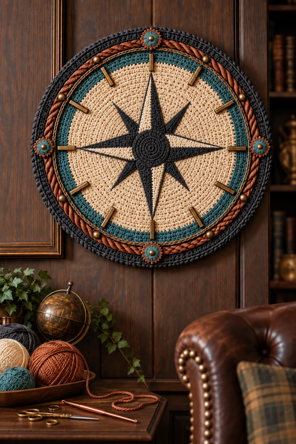Round crochet clock face midway through eight point compass rose colorwork